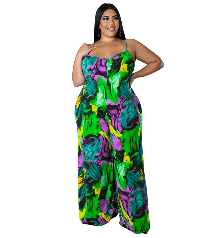 BamBam Plus Size Women Summer Straps Fashion Print With Belt Jumpsuit - BamBam Clothing