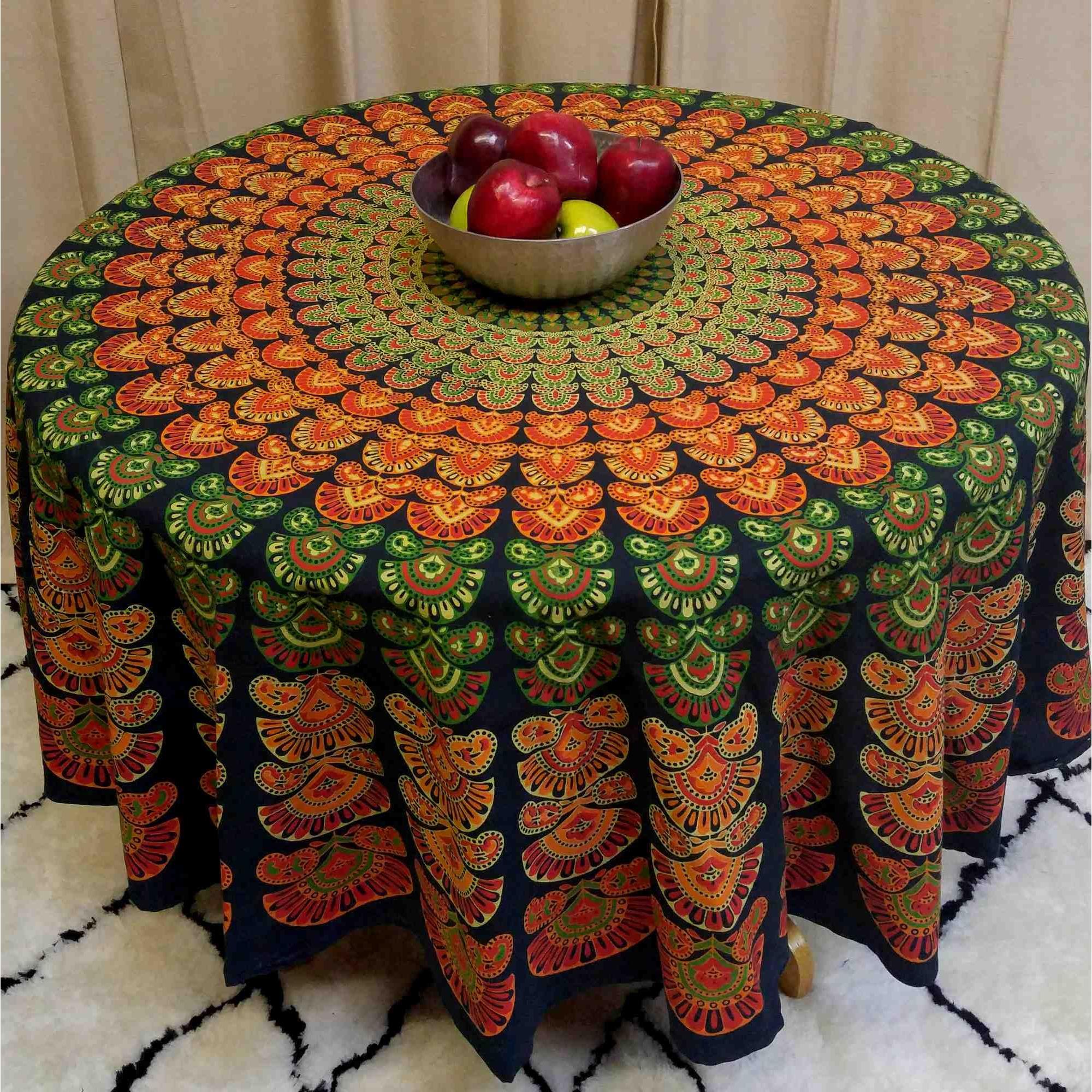 Handmade Cotton Sanganer Peacock Mandala Floral Tablecloth Round 72 Inch Green