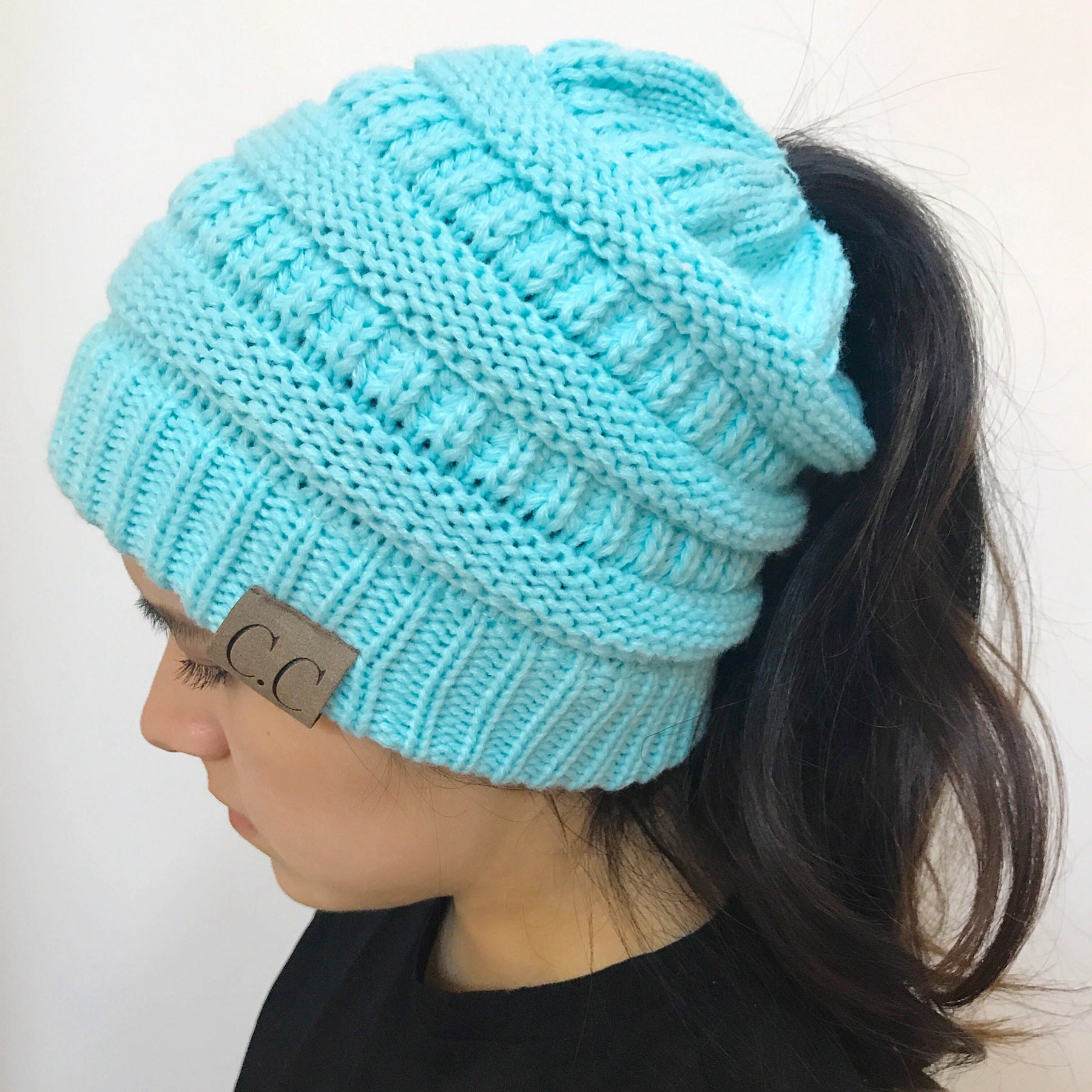 Women Beanietail Messy High Bun Ponytail Stretchy Knit Beanie Skull Warm Hat Women Beanietail Beanie Skull Winter Hat