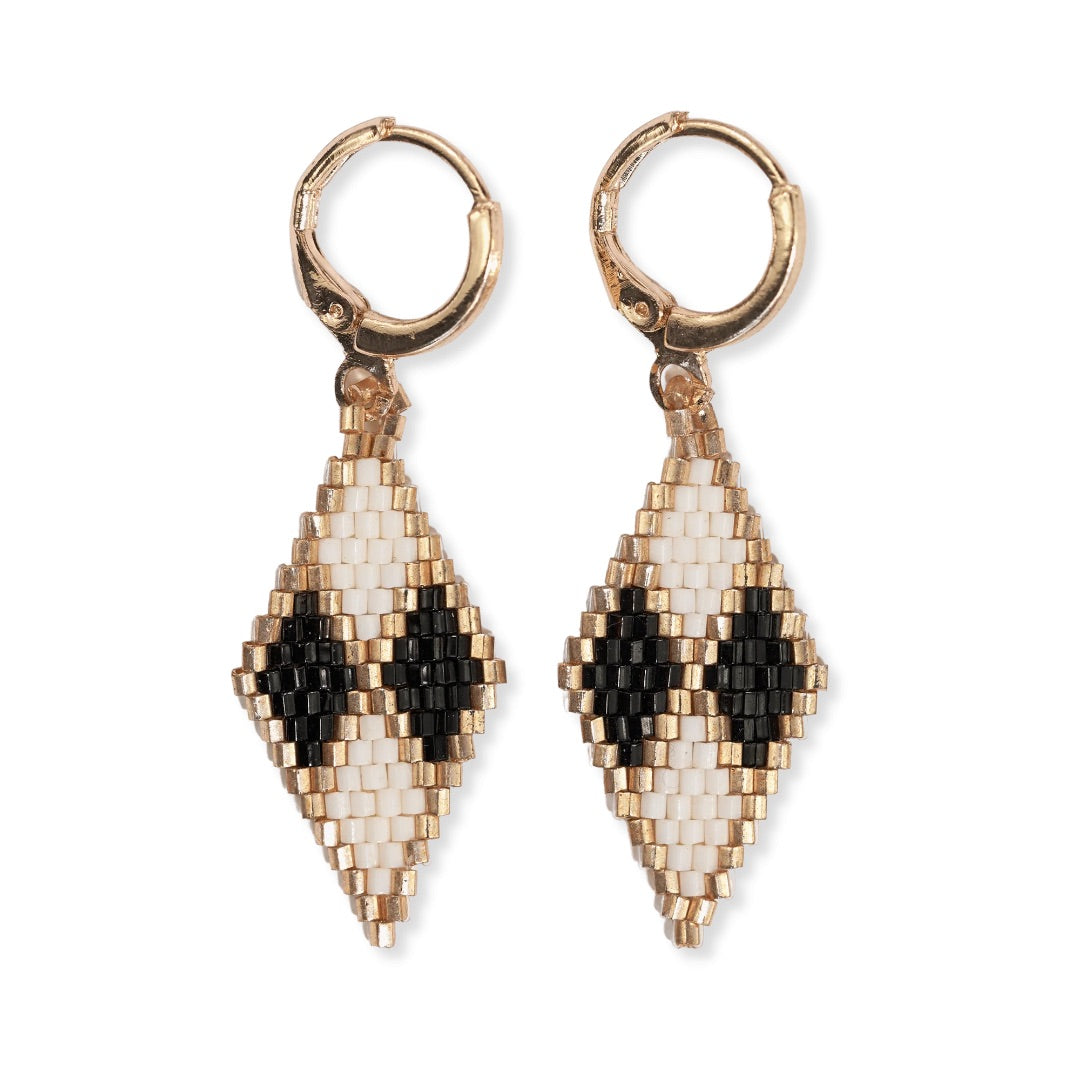Carmen Mini Gold Hoop Diamond Pattern Beaded Drop Earrings - Black + White