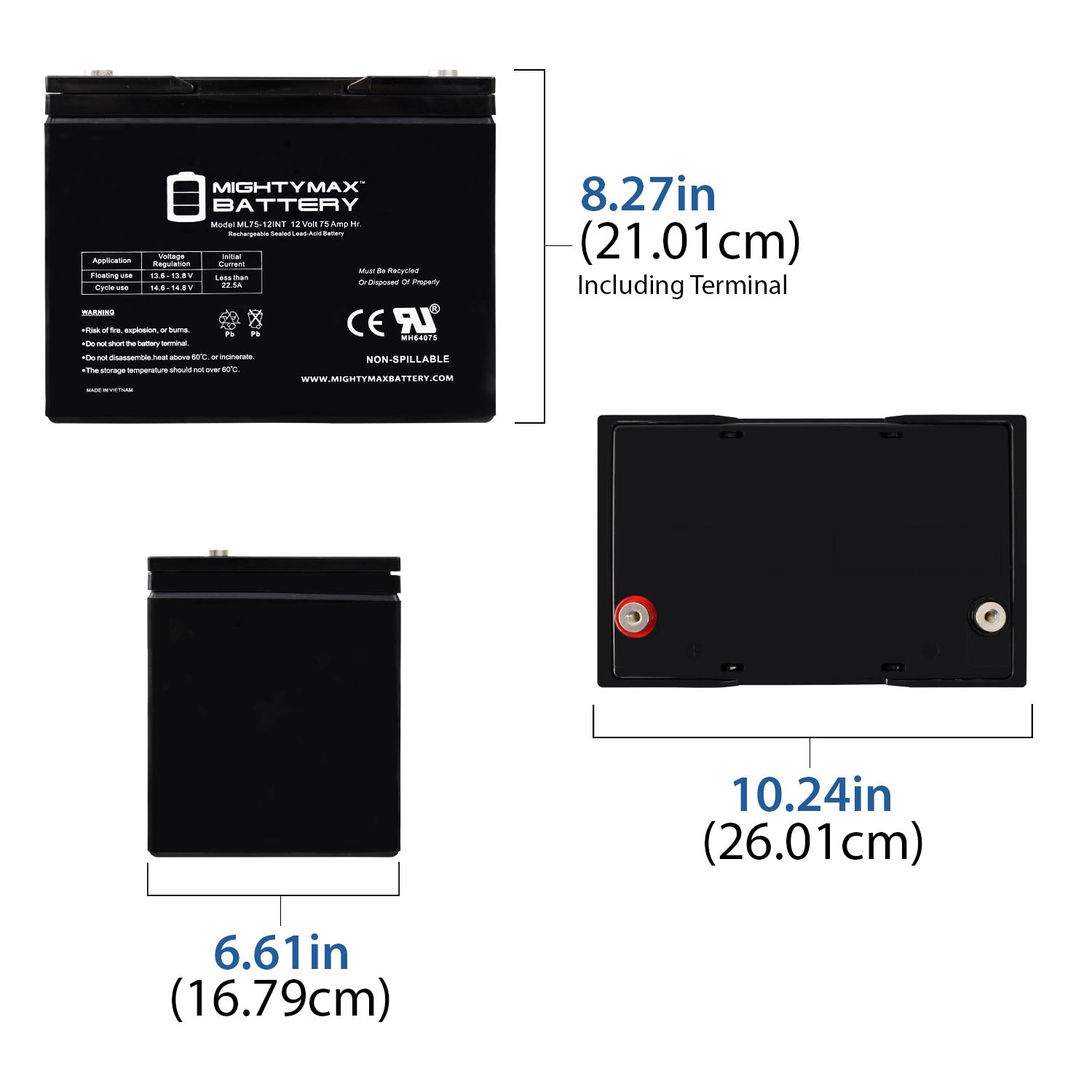 12 VOLT 75 AH, INTERNAL  TERMINAL, SLA AGM BATTERY