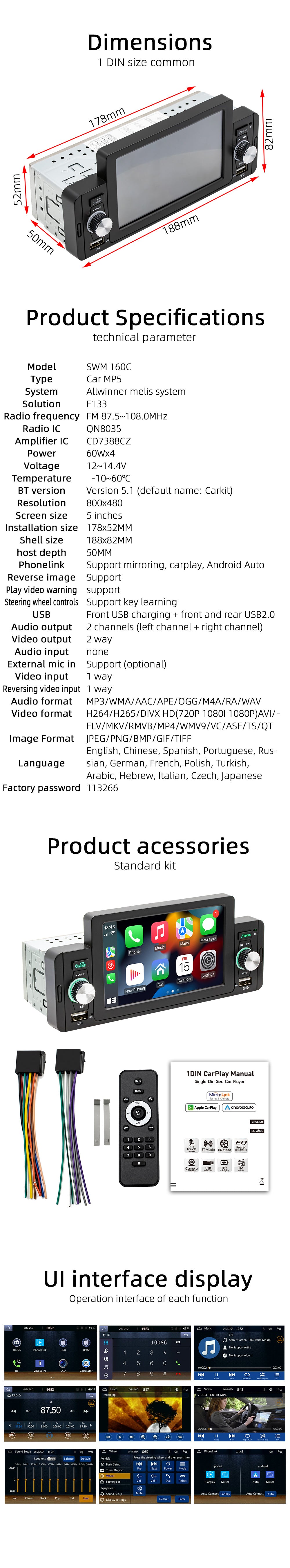 Bluetooth Autoradio 1Din USB AUX TF Fernbedienung 9021X - Polen, A