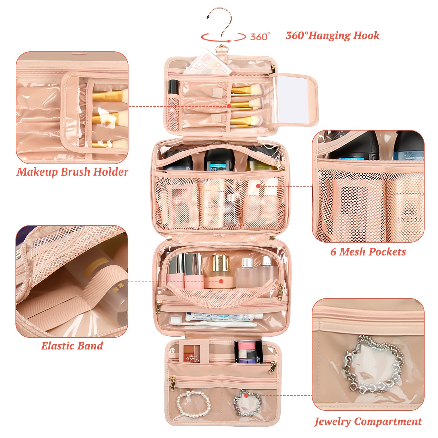 Bella, Relavel  Polyester Zipper Cosmetic Bag Waterproof Travel Makeup Organizer with Brush for Women Pink Toiletry Make up bag