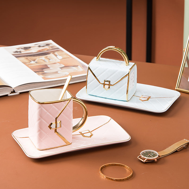Bella, Design Handbag Shaped Cup Nordic Ceramic Mug Luxury Ceramic Coffee Mugs With Golden Handle