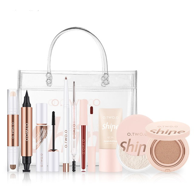 10pcs Base Makeup Set Eyeshadow Foundation Contour Stick Loose Powder BB Cream Eyeliner Mascara Lipstick With Cosmetic Bag