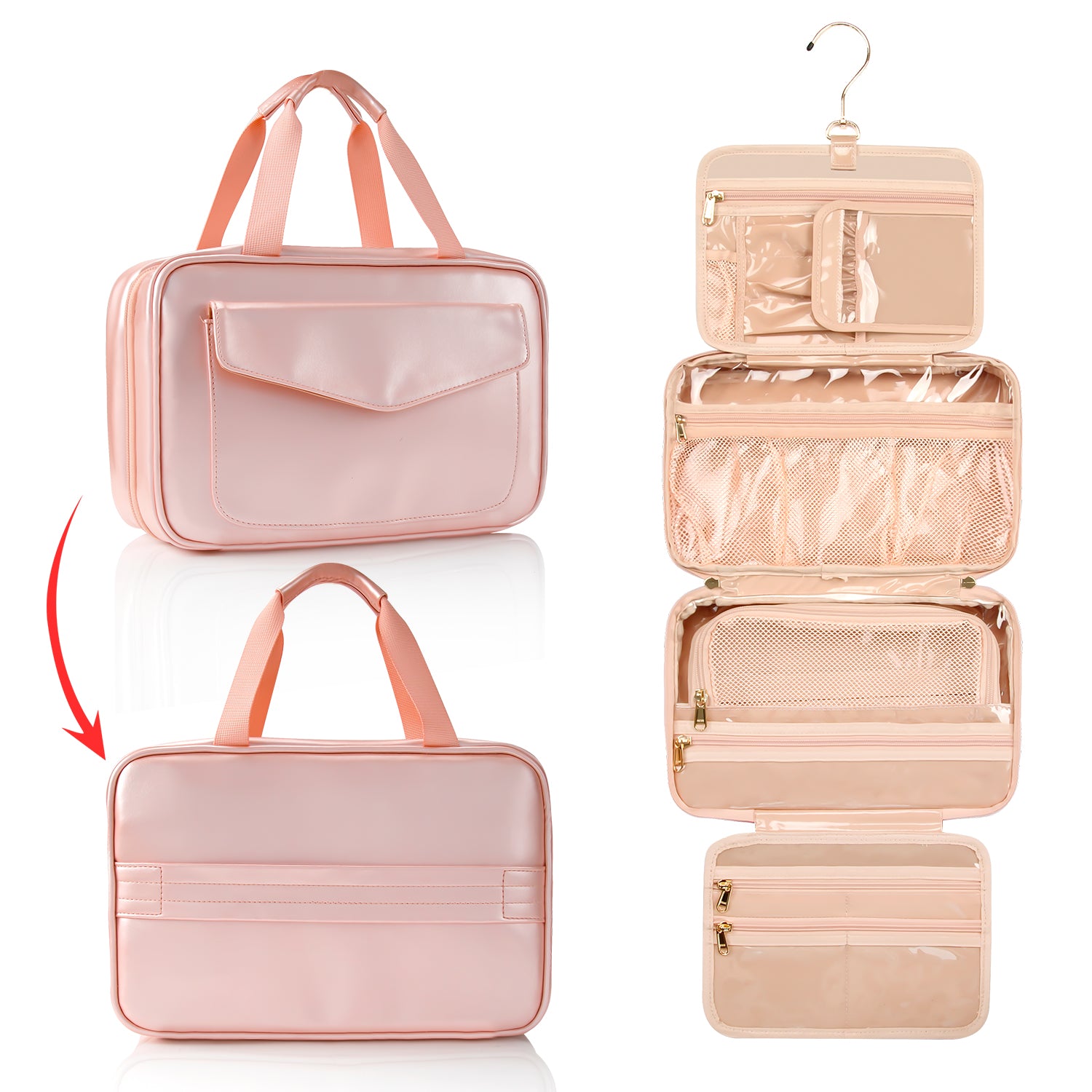 Bella, Relavel  Polyester Zipper Cosmetic Bag Waterproof Travel Makeup Organizer with Brush for Women Pink Toiletry Make up bag