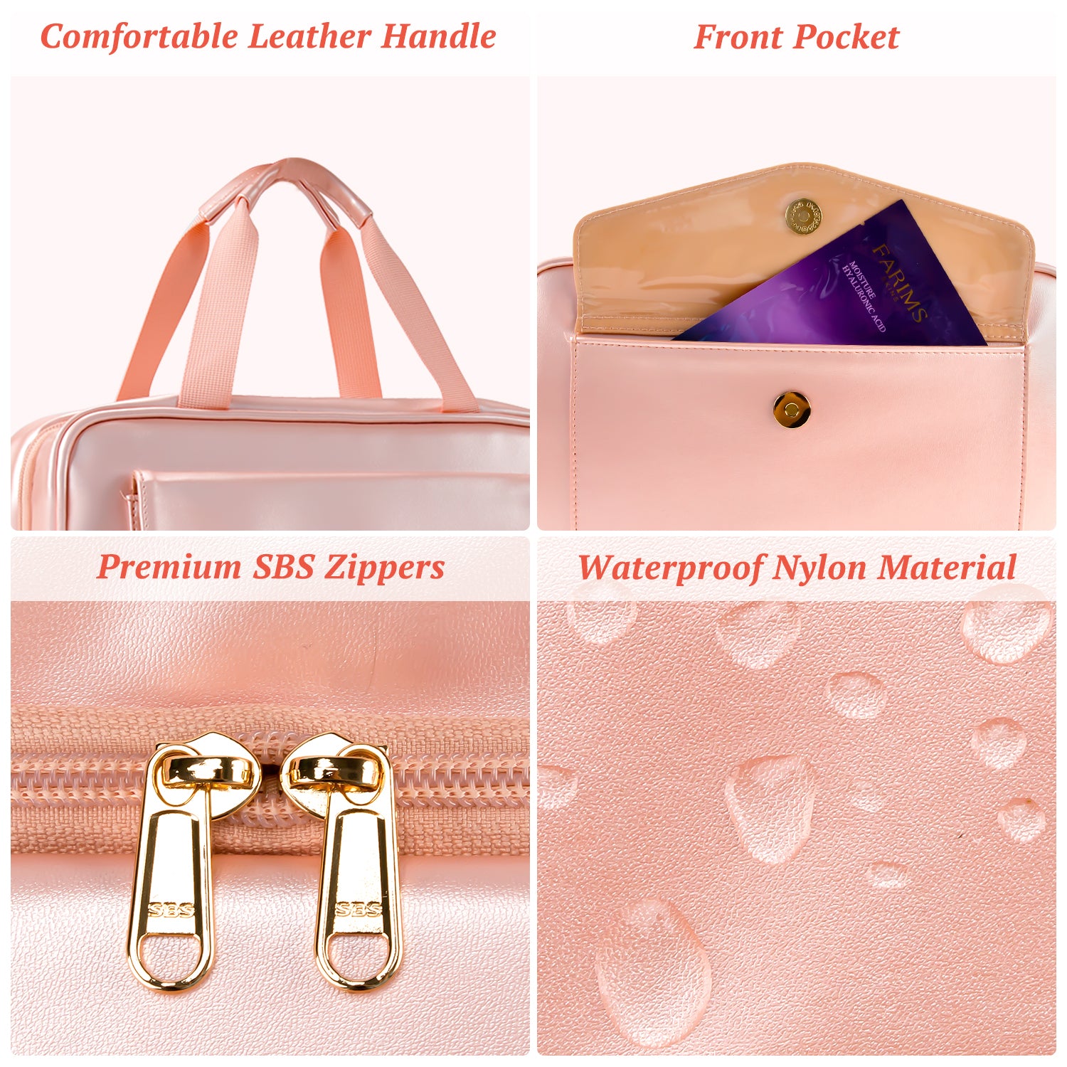 Bella, Relavel  Polyester Zipper Cosmetic Bag Waterproof Travel Makeup Organizer with Brush for Women Pink Toiletry Make up bag