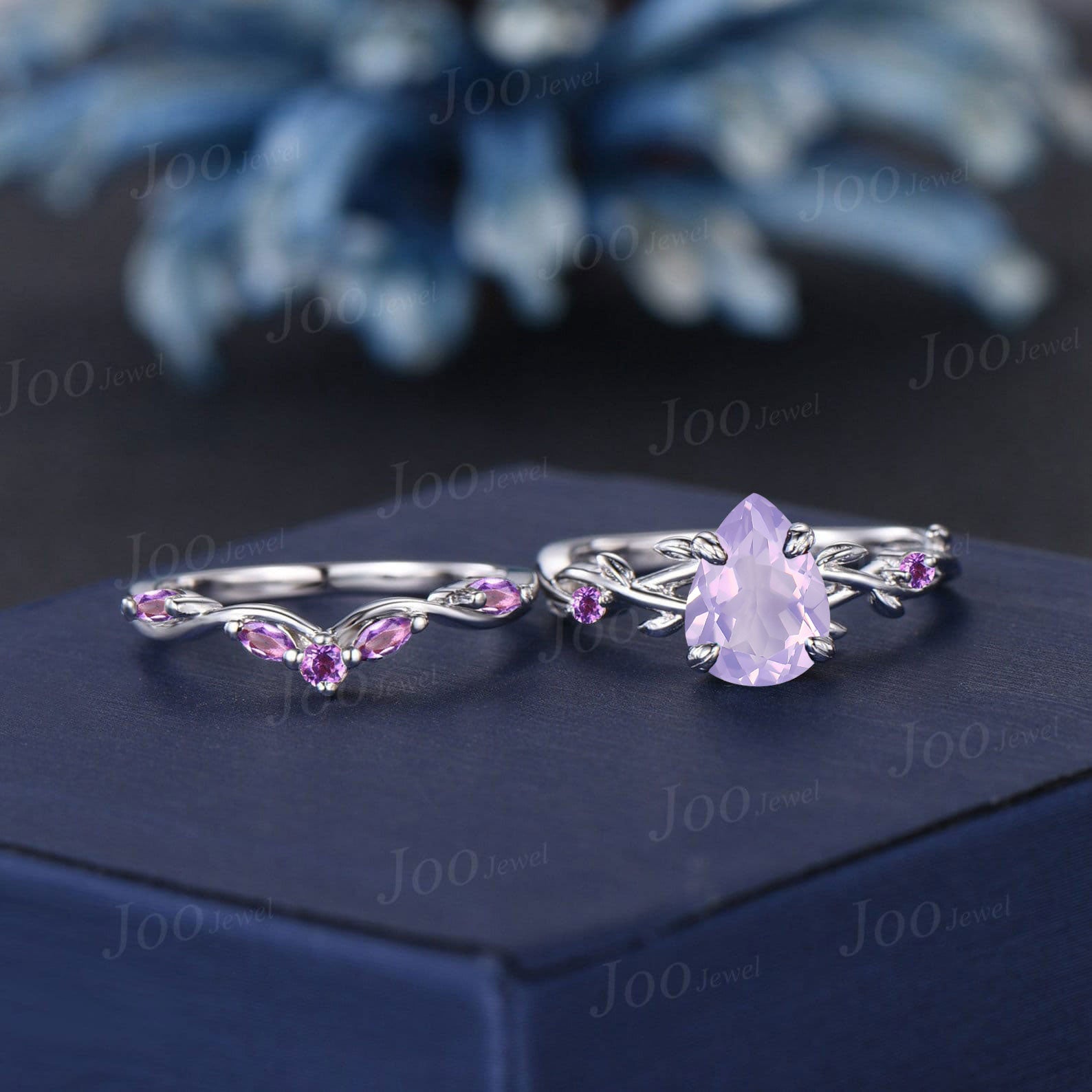 1.25ct Nature Inspired Pear Cut Natural Lavender Amethyst Bridal Ring Set Sterling Silver Light Purple Crystal Twig Vine Wedding Ring Gift