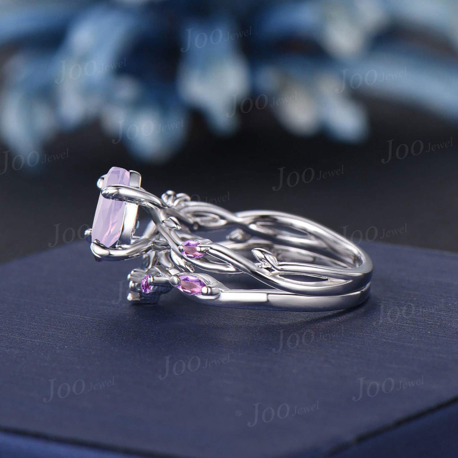 1.25ct Nature Inspired Pear Cut Natural Lavender Amethyst Bridal Ring Set Sterling Silver Light Purple Crystal Twig Vine Wedding Ring Gift