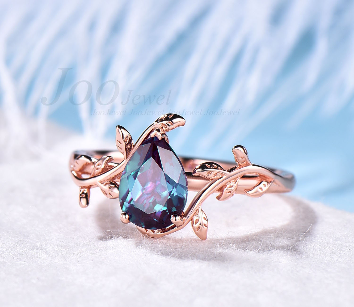 Unique vintage solitaire pear shaped Alexandrite engagement ring leaf flower minimalist ring for women 14k rose gold anniversary ring gifts