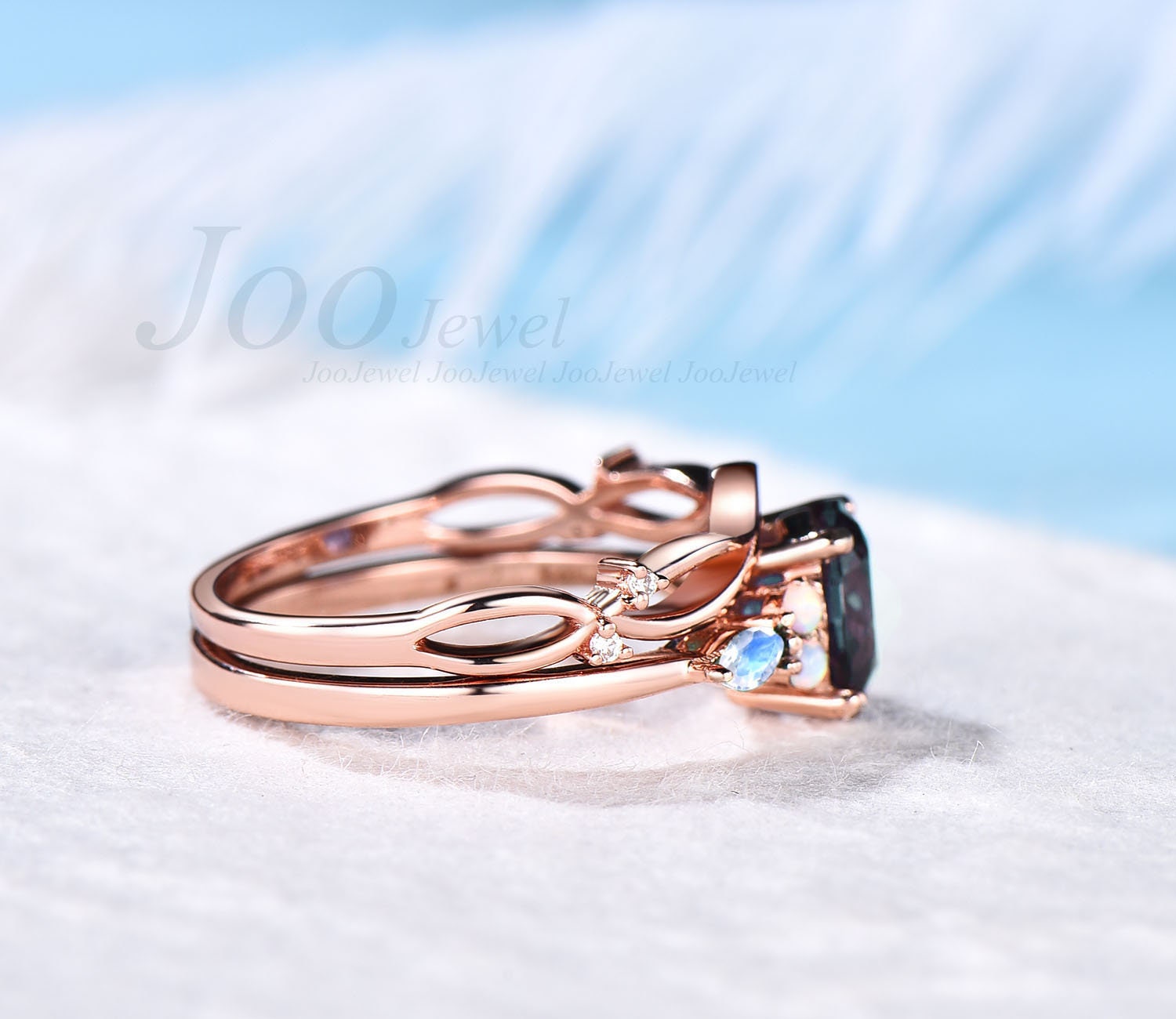 Round Alexandrite engagement ring set rose gold vintage marquise cut moonstone engagement ring opal ring for women unique wedding ring set