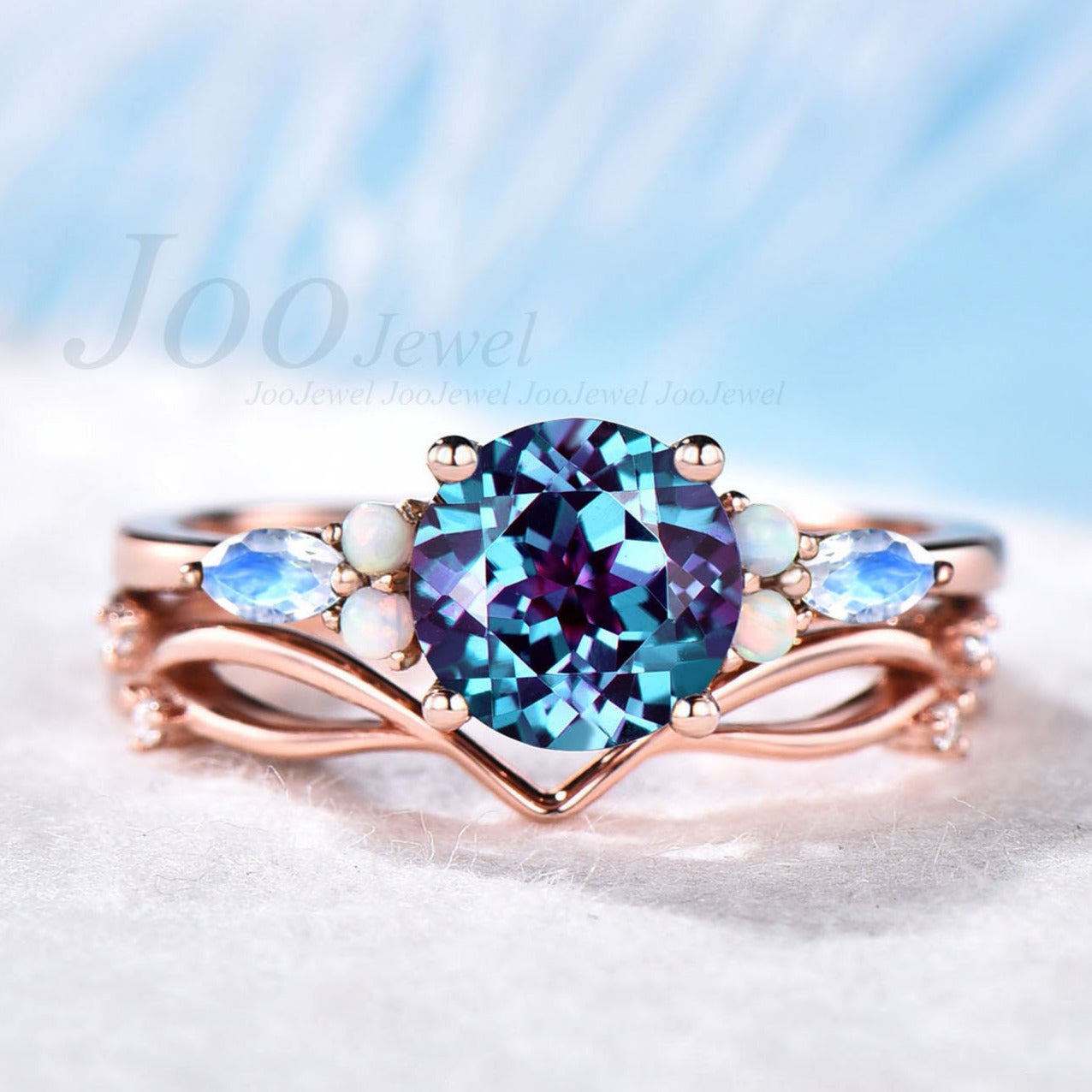 Round Alexandrite engagement ring set rose gold vintage marquise cut moonstone engagement ring opal ring for women unique wedding ring set