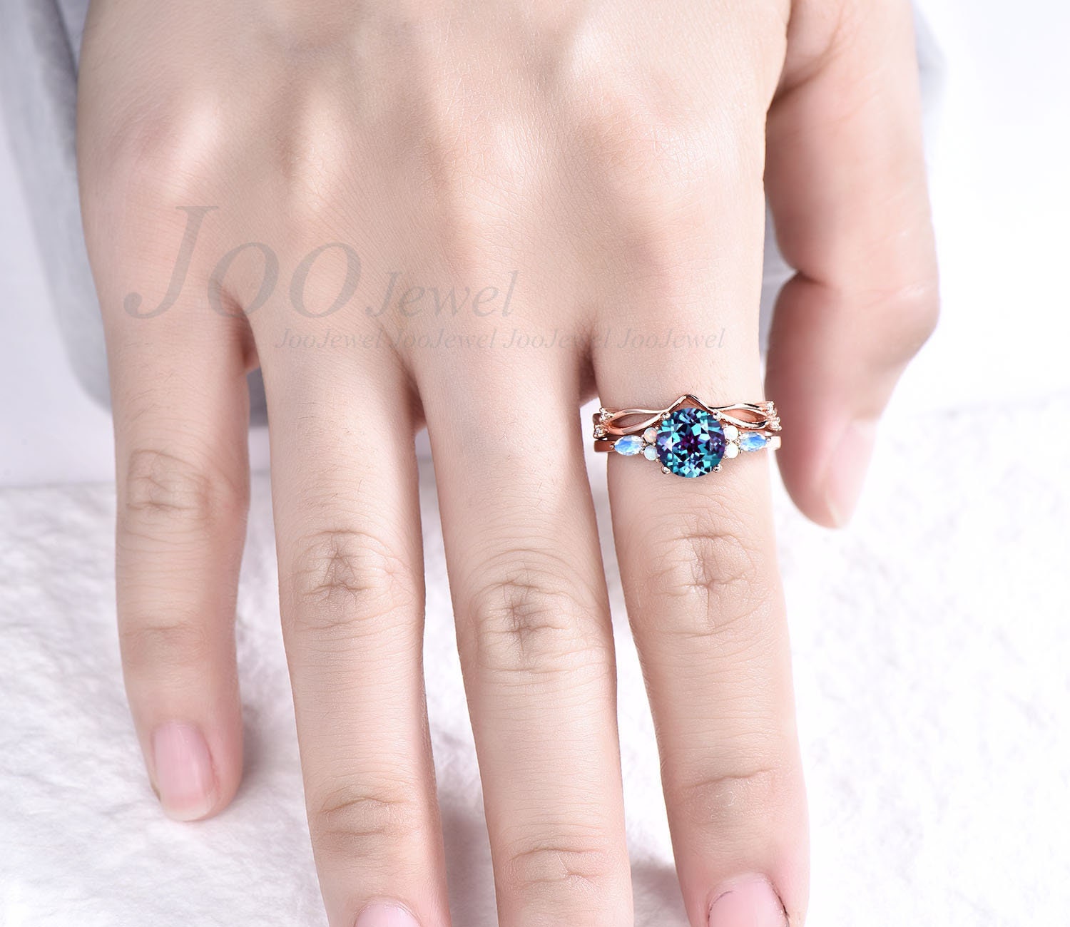 Round Alexandrite engagement ring set rose gold vintage marquise cut moonstone engagement ring opal ring for women unique wedding ring set