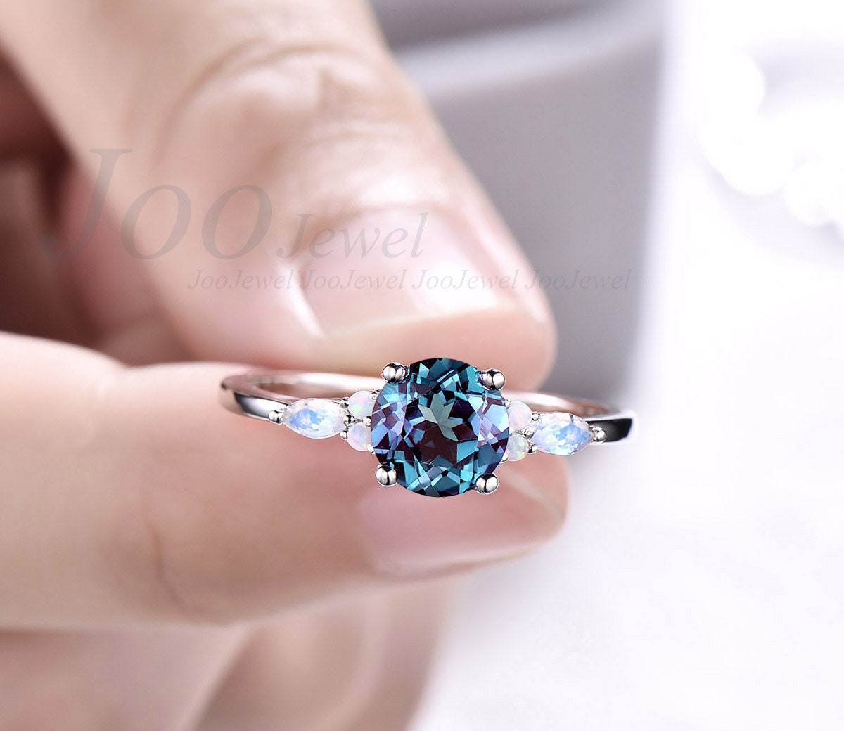 Round Alexandrite engagement ring set rose gold vintage marquise cut moonstone engagement ring opal ring for women unique wedding ring set