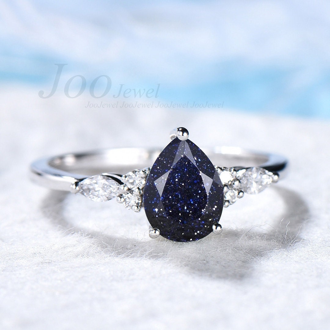 Blue Sandstone Ring Set Sterling Silver Pear Ring Set Women Blue Gemstone Jewelry Vintage Diamond Engagement Ring Set Galaxy Starry Sky Ring