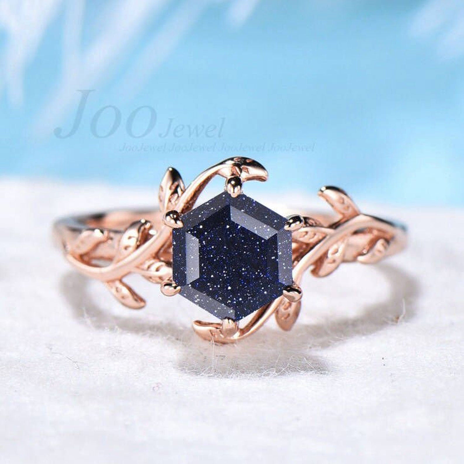 Galaxy Blue Sandstone Ring Sterling Silver Hexagon Engagement Ring Leaf Solitaire Promise Ring Blue Goldstone Jewelry Birthday Gift Women