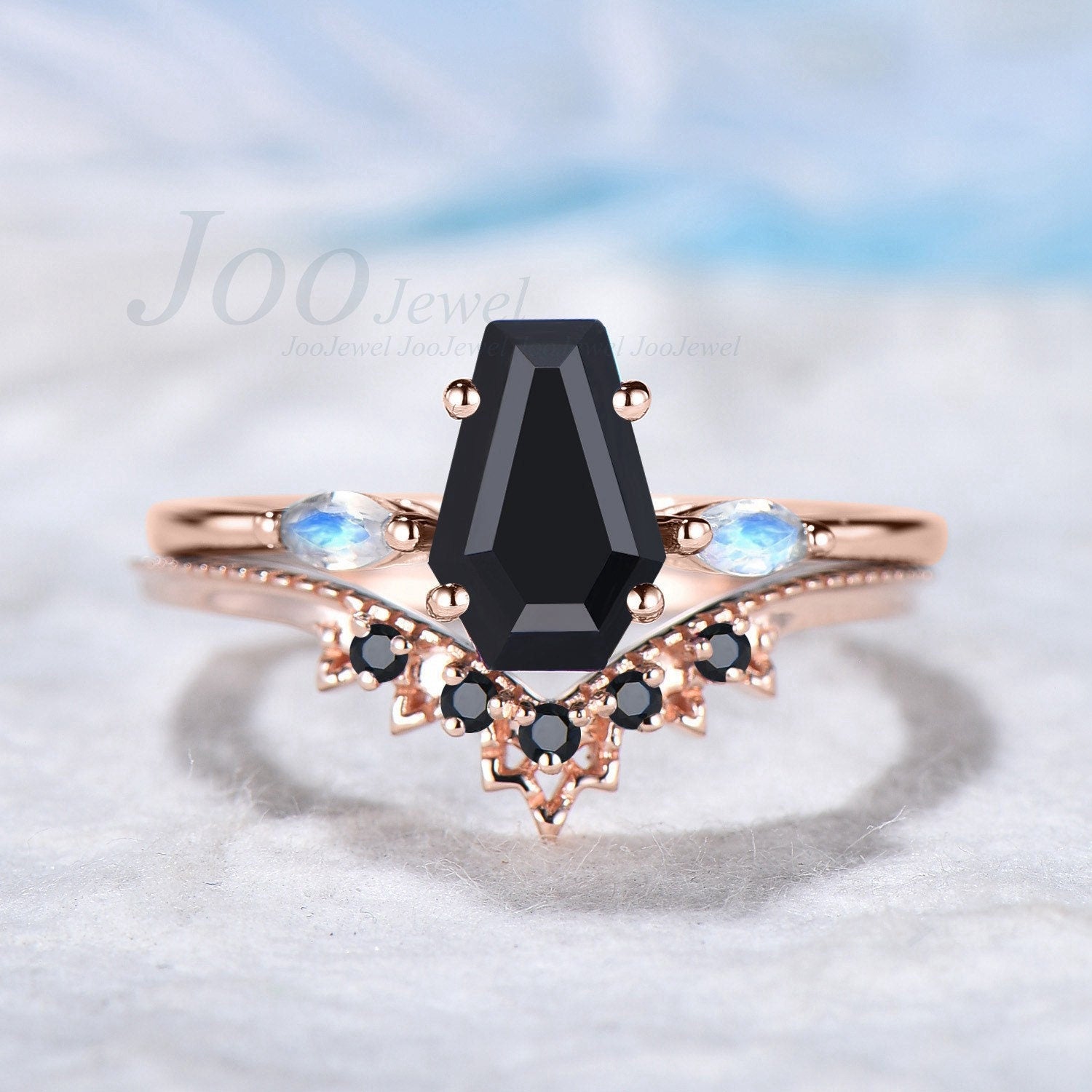 Coffin Shaped Natural Black Onyx Engagement Ring Set Rose Gold Black Wedding Ring Milgrain Marquise Moonstone Bridal Ring Anniversary Gift