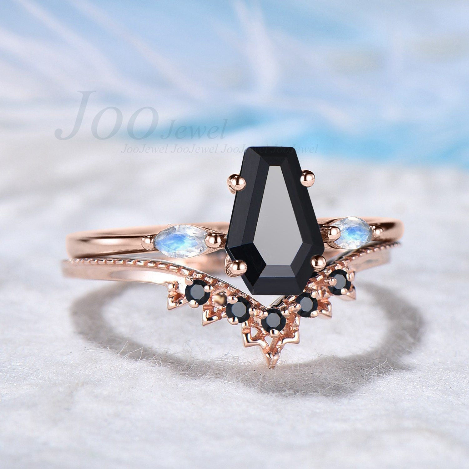 Coffin Shaped Natural Black Onyx Engagement Ring Set Rose Gold Black Wedding Ring Milgrain Marquise Moonstone Bridal Ring Anniversary Gift