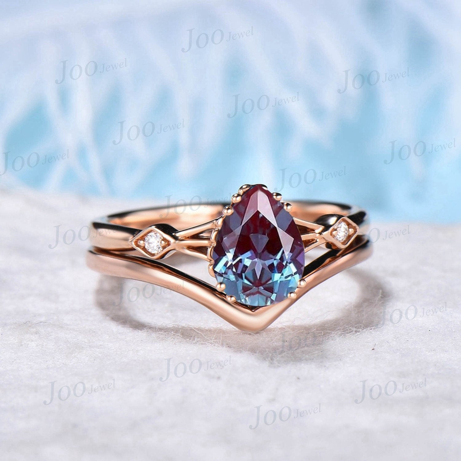 1.25ct Pear Shaped Alexandrite Ring Set Moissanite Ring Plain Curve Wedding Band Alexandrite Wedding Band June Birthstone Engagement Ring