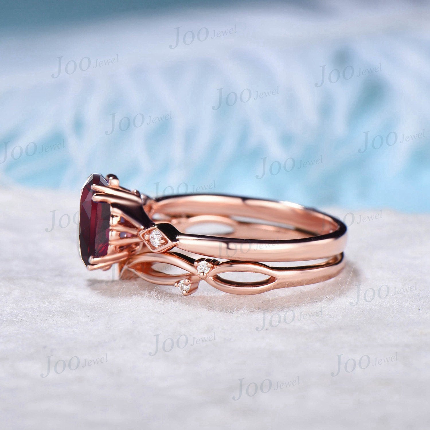 1.25ct Pear Shaped Ruby Gemstone Jewelry 10K Rose Gold Twig Vine Red Ruby Engagement Ring Set Vintage Anniversary Ring July Birthstone Gift