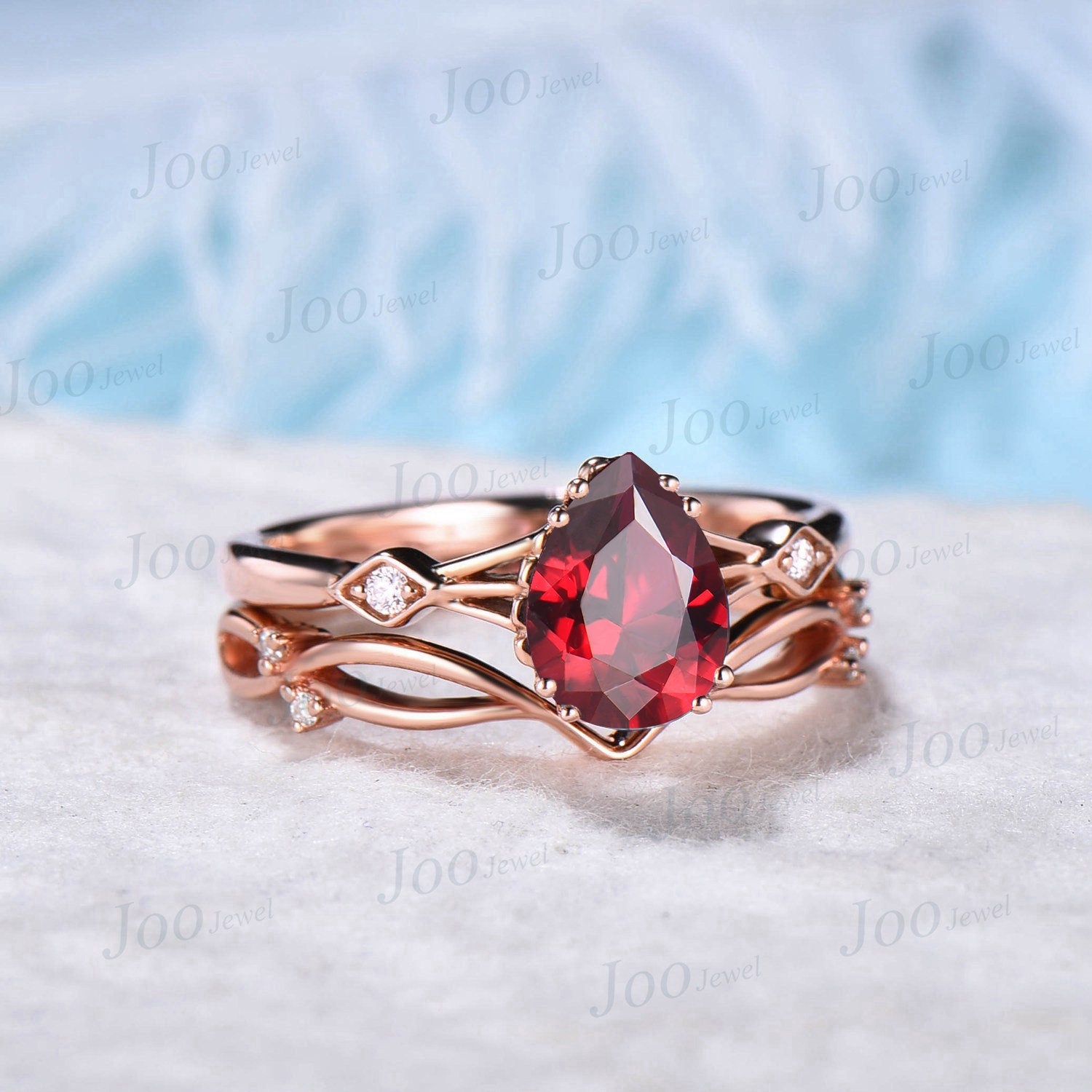 1.25ct Pear Shaped Ruby Gemstone Jewelry 10K Rose Gold Twig Vine Red Ruby Engagement Ring Set Vintage Anniversary Ring July Birthstone Gift