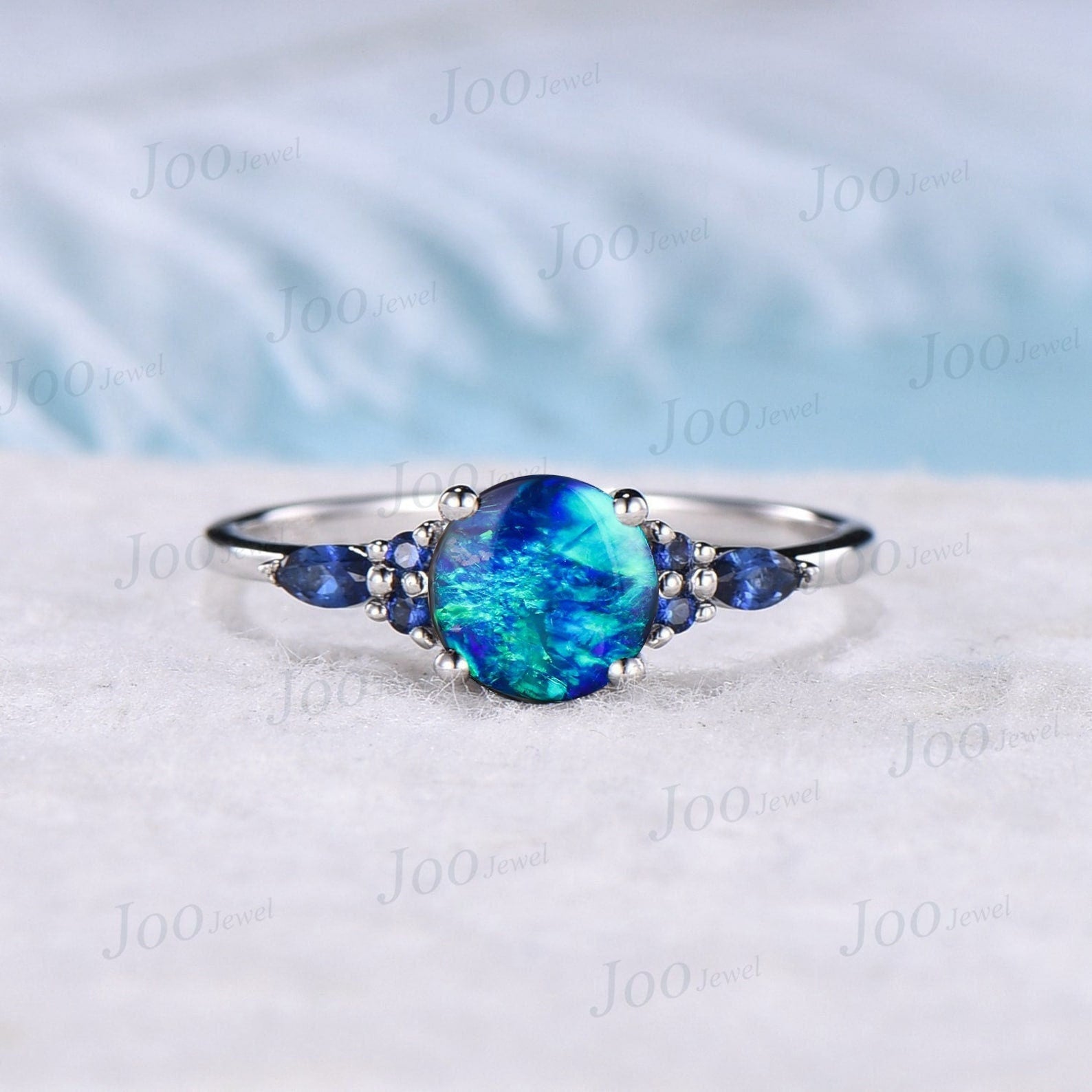 7mm Round Galaxy Blue Opal Engagement Ring Sterling Silver Cluster Blue Sapphire Ring Unique Anniversary Gift Blue Fire Opal Promise Rings