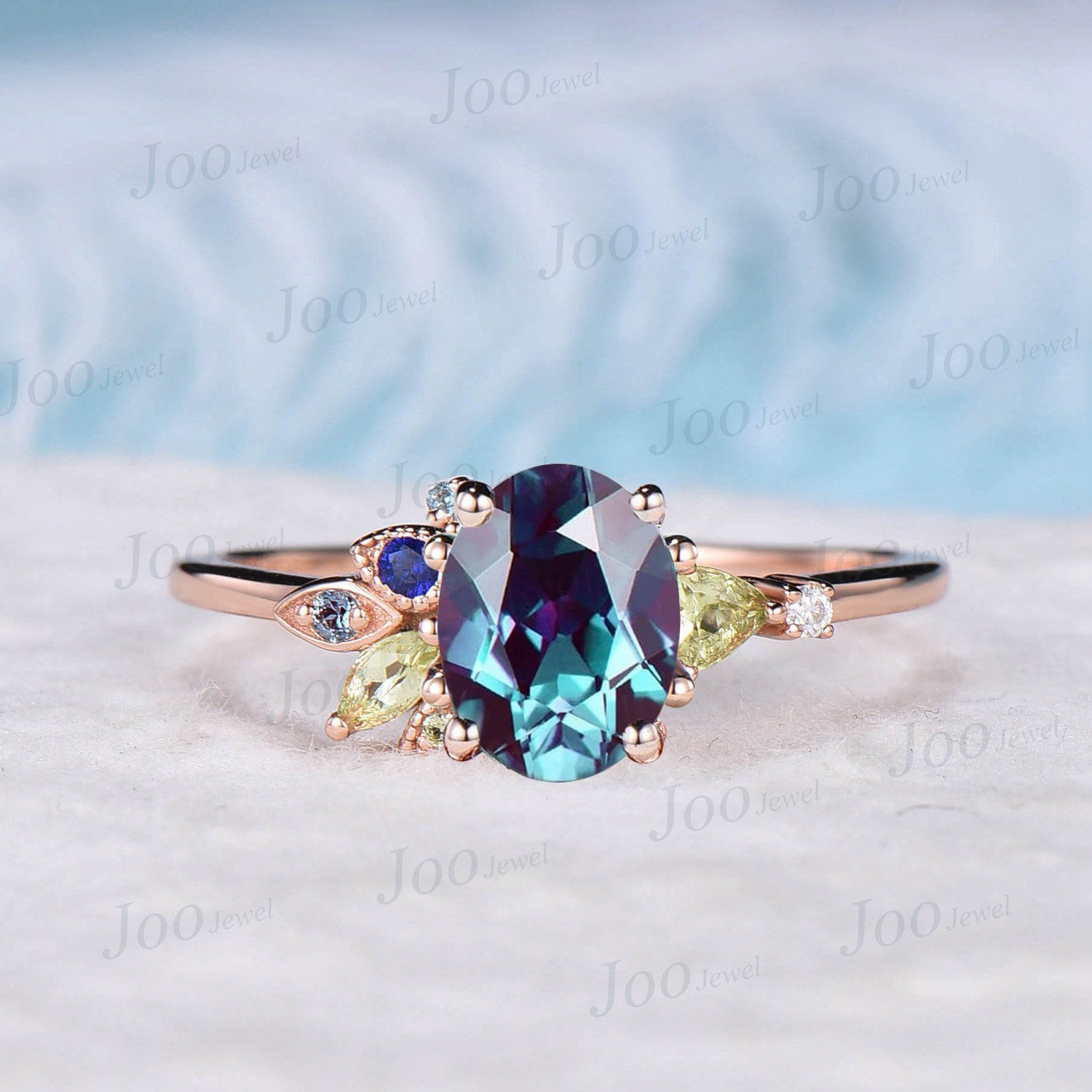 1.5ct Oval Alexandrite Cluster Ring,Customized Birthstone,Peridot,Blue Sapphire,Topaz,Unique Birthday Anniversary Gift,June Birthstone Ring