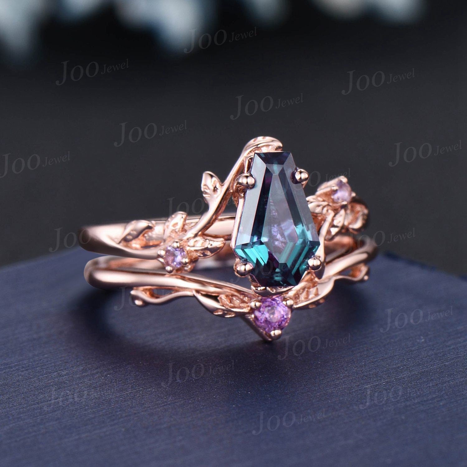 Nature Inspired Coffin Cut Color-Change Alexandrite Engagement Ring Set Long Hexagon Alexandrite Ring Cluster Branch Amethyst Wedding Rings