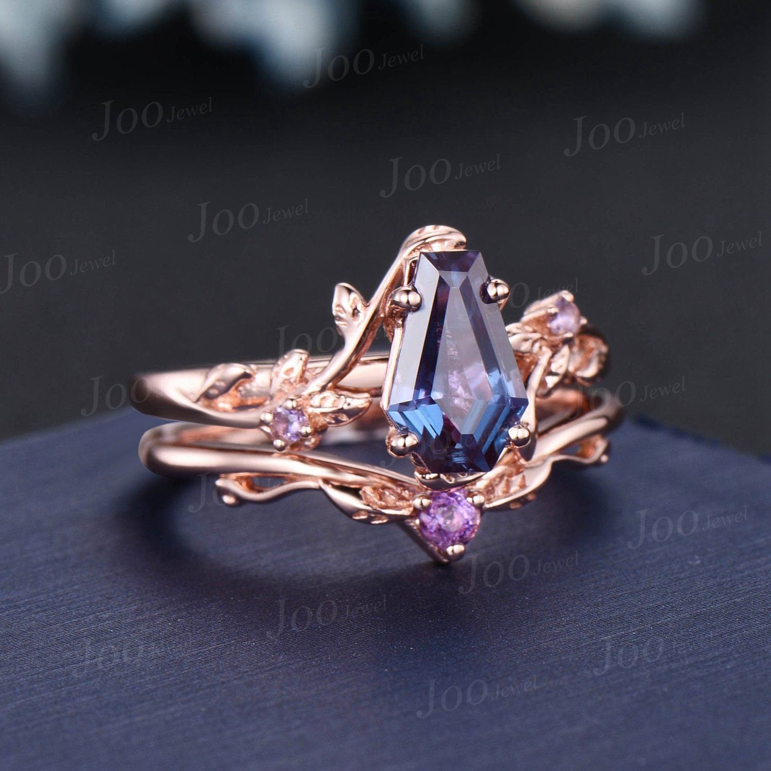 Nature Inspired Coffin Cut Color-Change Alexandrite Engagement Ring Set Long Hexagon Alexandrite Ring Cluster Branch Amethyst Wedding Rings