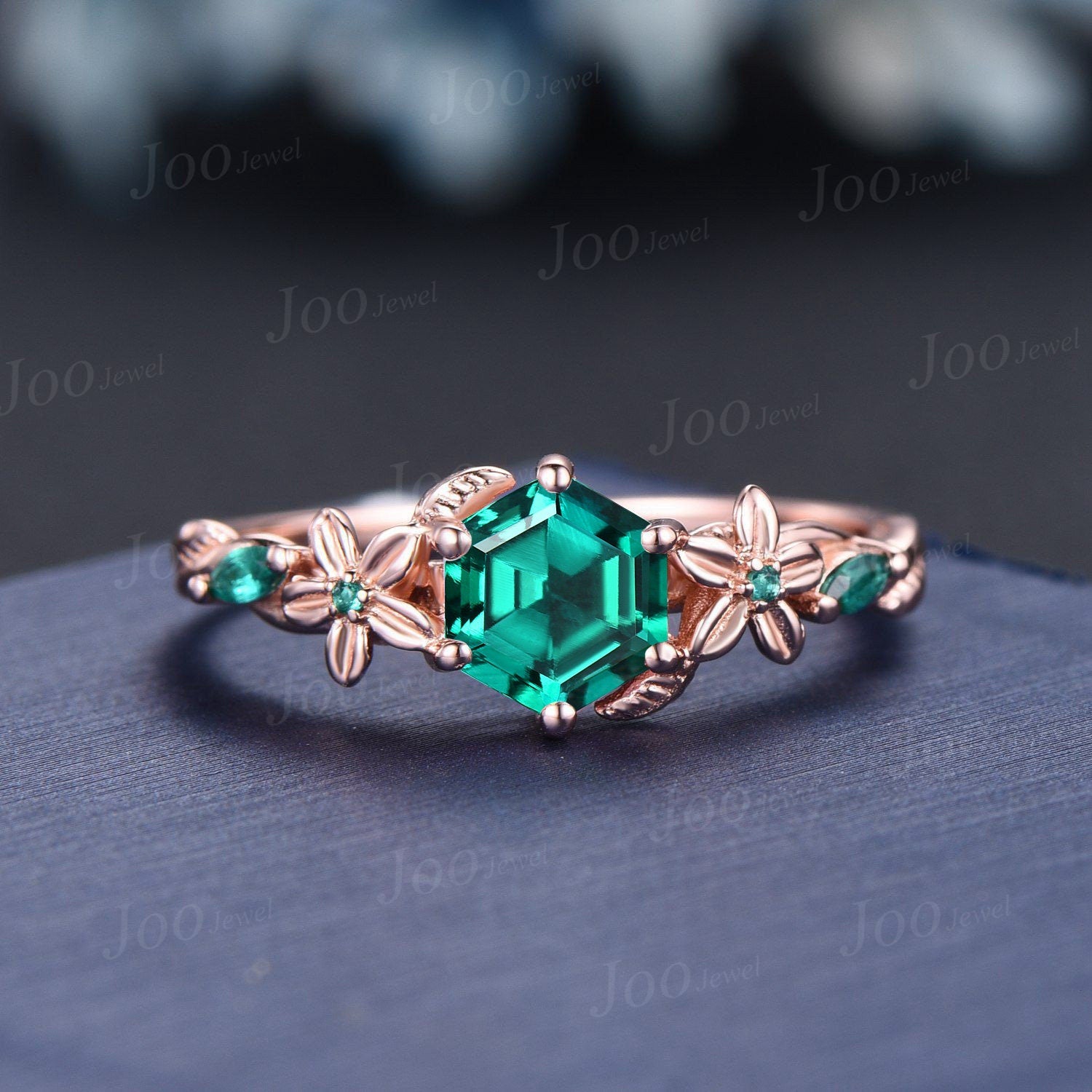 Nature Inspired Green Emerald Engagement Ring Set 1ct Hexagon Wedding Ring Set Floral Branch Green Emerald Promise Rings May Birthstone Gift