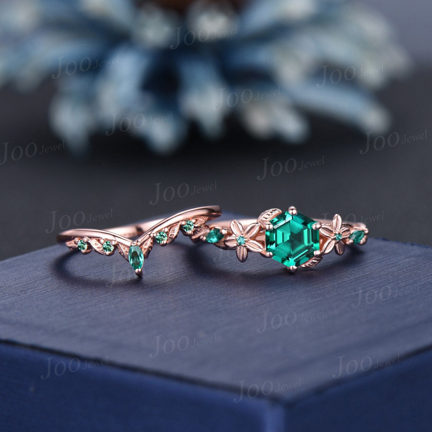 Nature Inspired Green Emerald Engagement Ring Set 1ct Hexagon Wedding Ring Set Floral Branch Green Emerald Promise Rings May Birthstone Gift