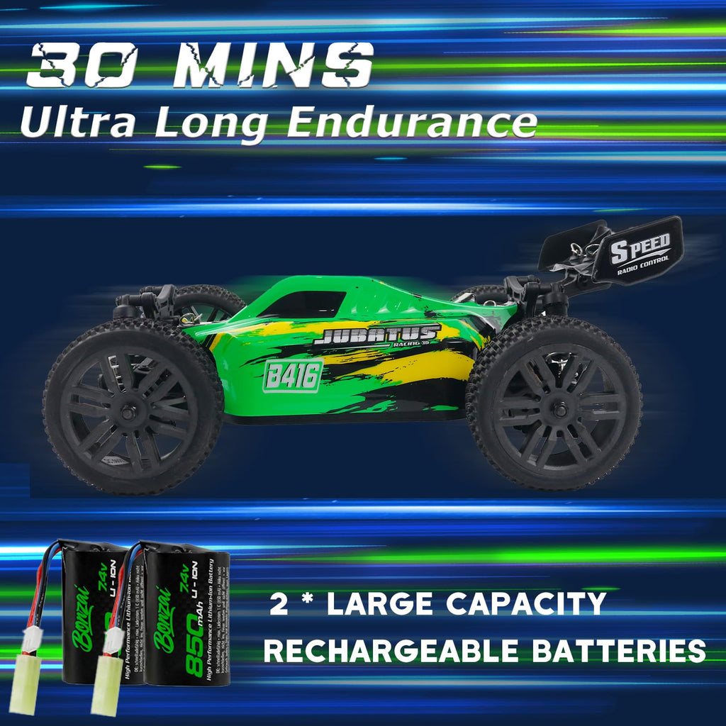 Illustration of the BONZAI RC Buggy with its dual large capacity batteries, highlighting 30 minutes of ultra-long endurance.