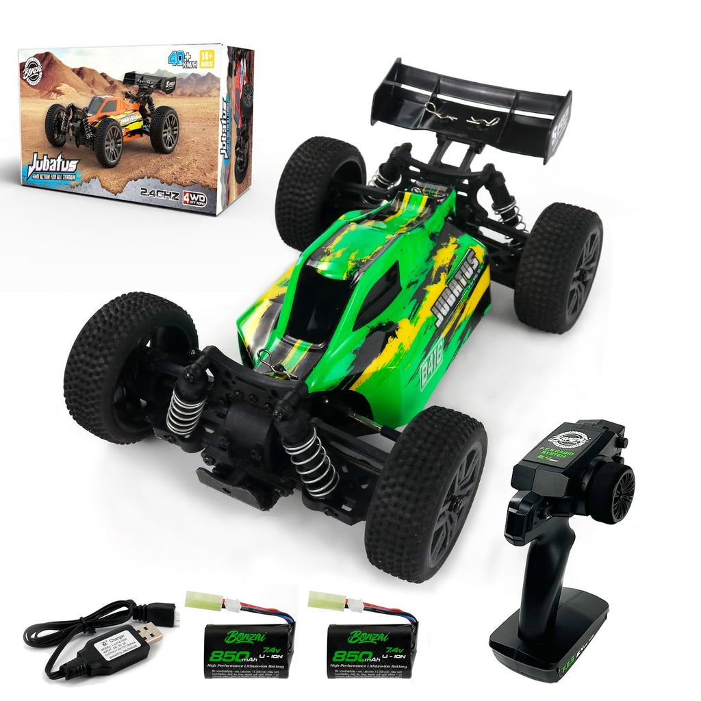 Complete package of BONZAI 1/14 Scale RC Buggy showing the car, remote control, batteries, and charger.