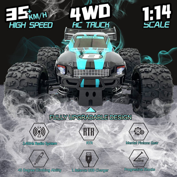 Overview of the Bonzai RC Truck's features including speed, scale, and capabilities