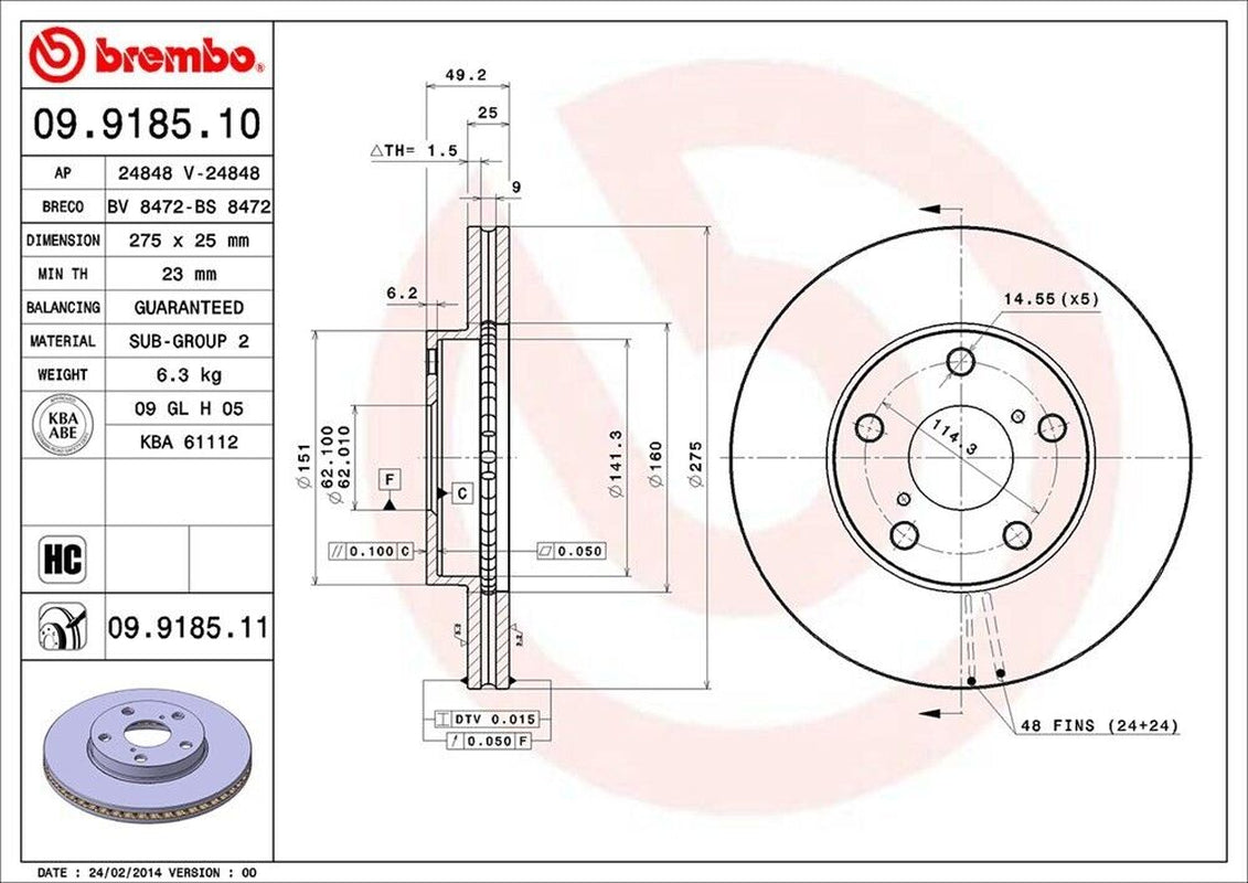 Brembo Front Disc Brake Rotor for 01-05 RAV4 (09.9185.11)