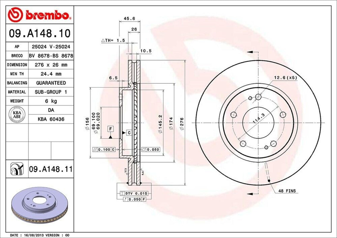 Front Disc Brake Rotor for Galant, Lancer, Sebring, Stratus+More (09.A148.11)