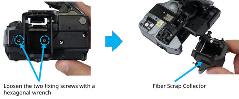 Loosen the two screws and remove the Fiber Scrap Collector - Splicermarket.com