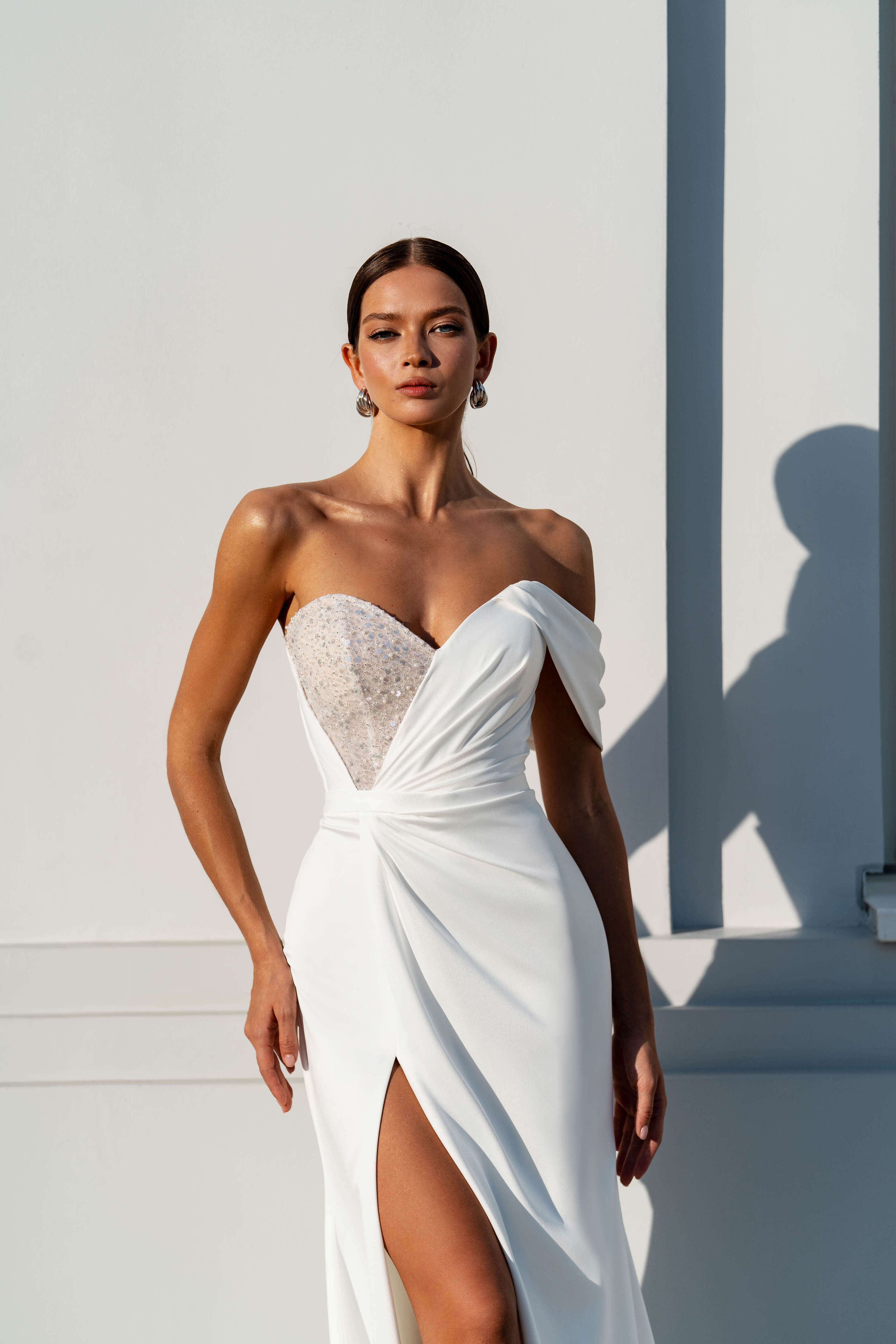 Gorgeous Asymmetrical Satin Wedding Dress with Sequins and a Slit Skirt Sonesta Ethel