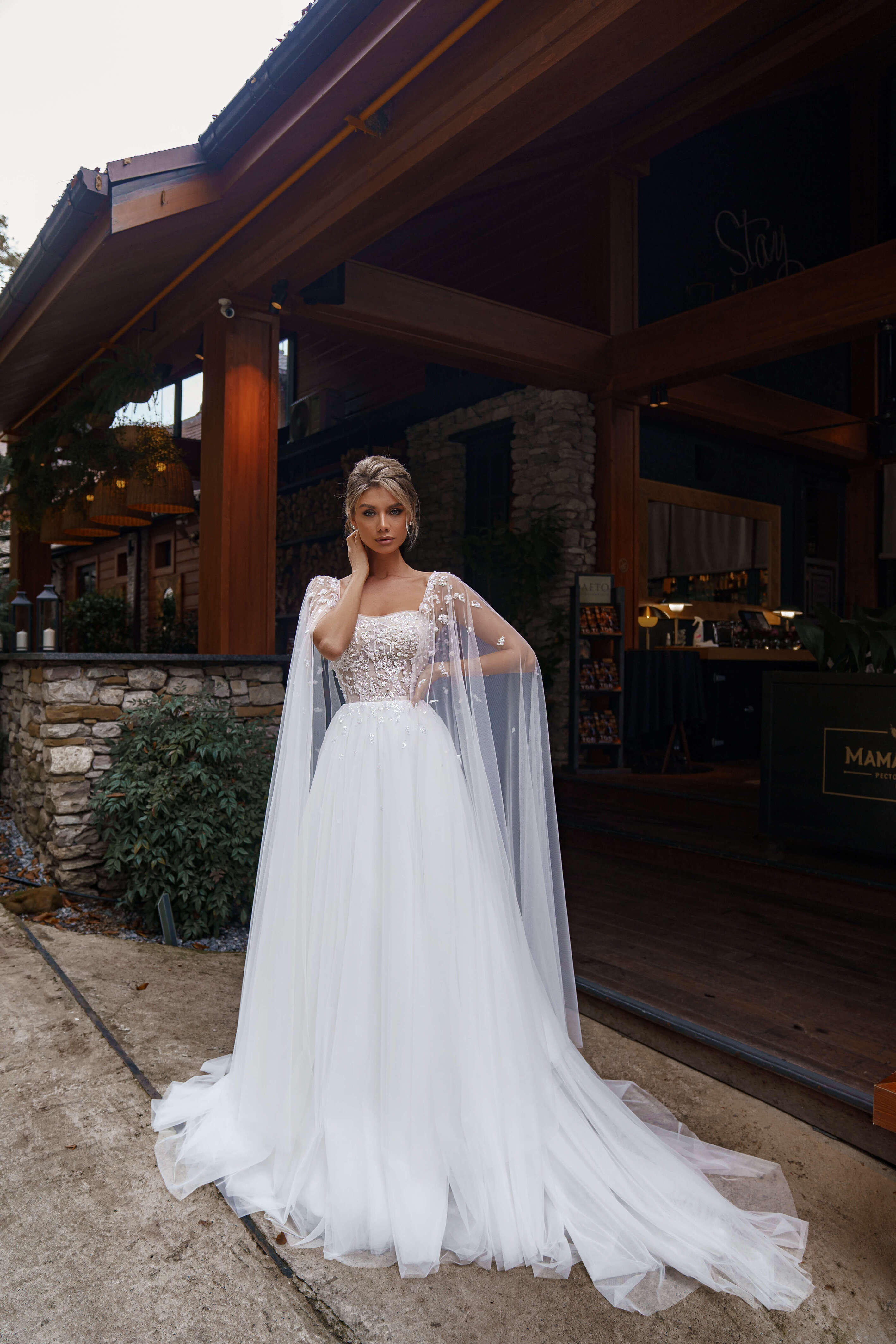 A-Line Wedding Dress with Open Shoulders & Long Wing Sleeves Sonesta Kais