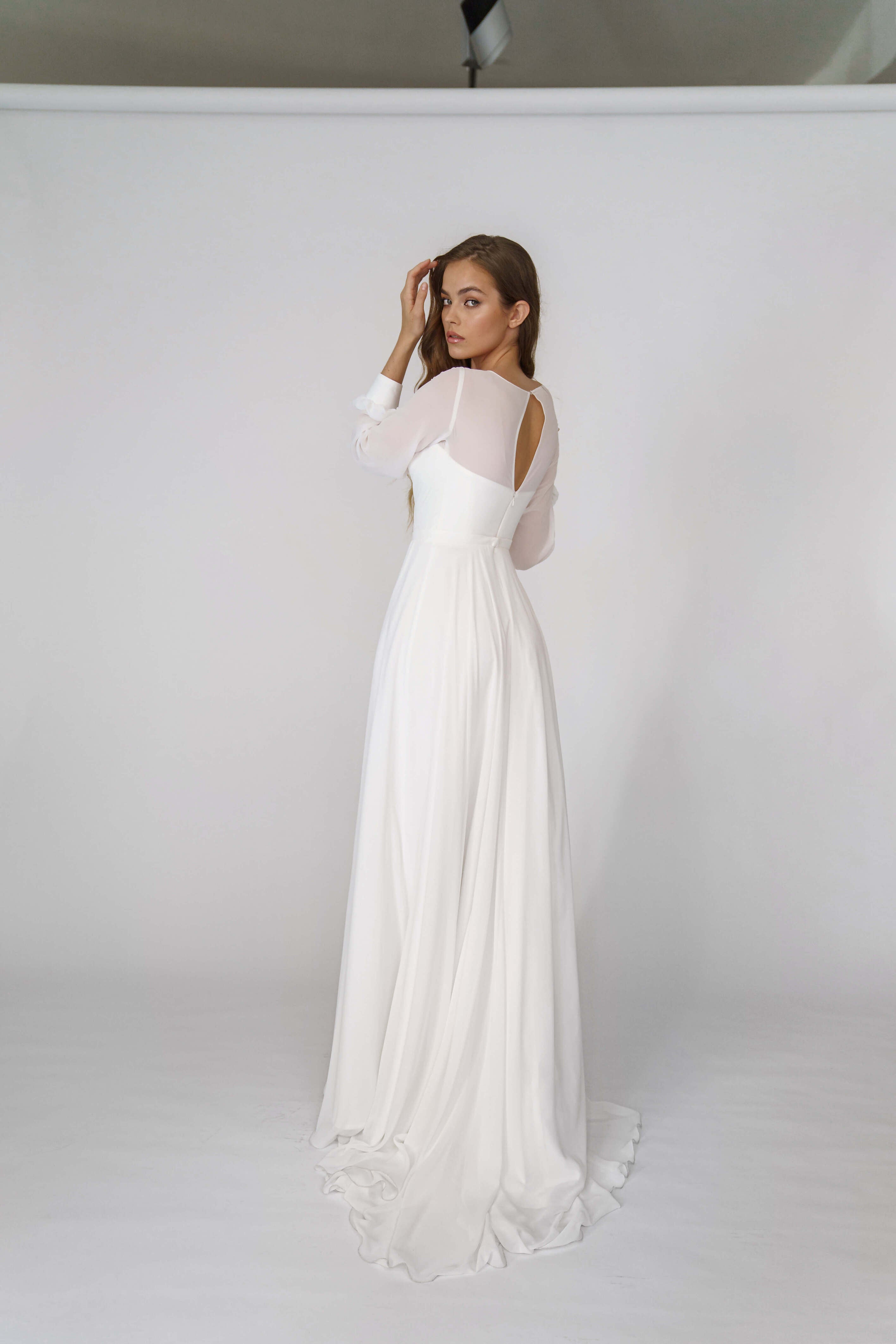 Beautiful A-Line Chiffon Wedding Dress with Long Sleeves and a Deep Slit Martha Osfadelle