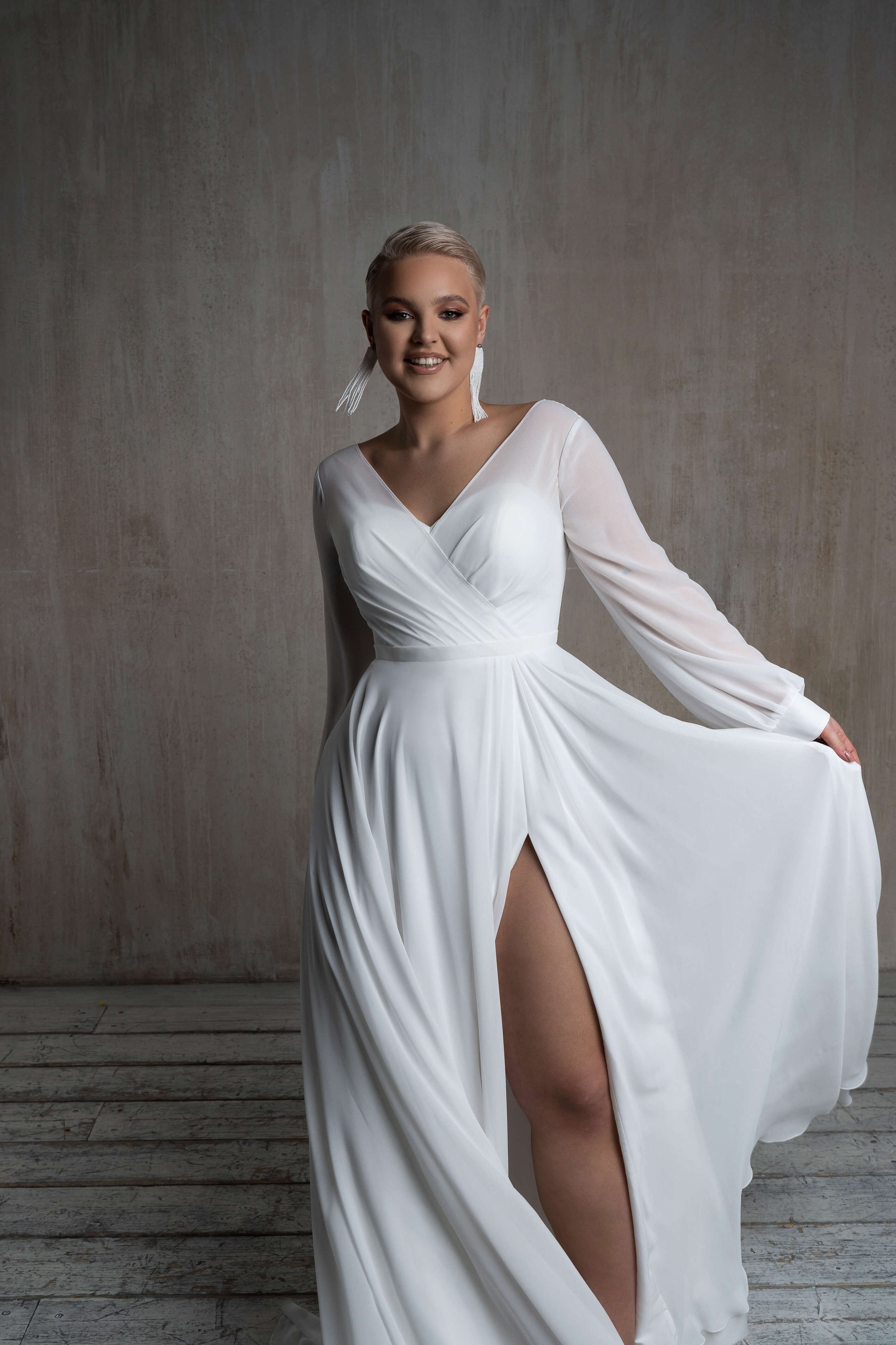 Elegant A-Line Wedding Dress with Long Sleeves and Deep Slit Martha Osfadelle Gown