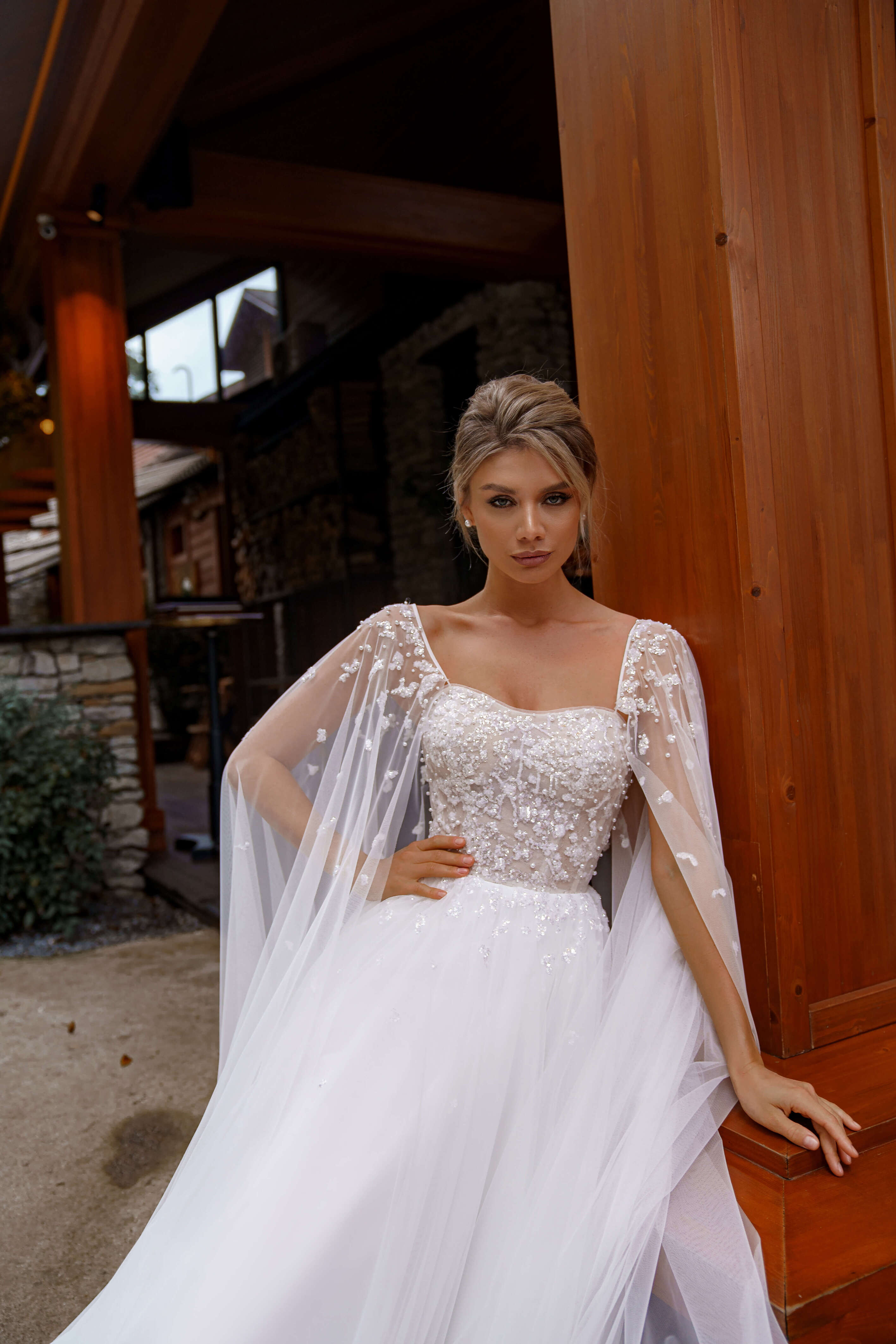 A-Line Wedding Dress with Open Shoulders & Long Wing Sleeves Sonesta Kais