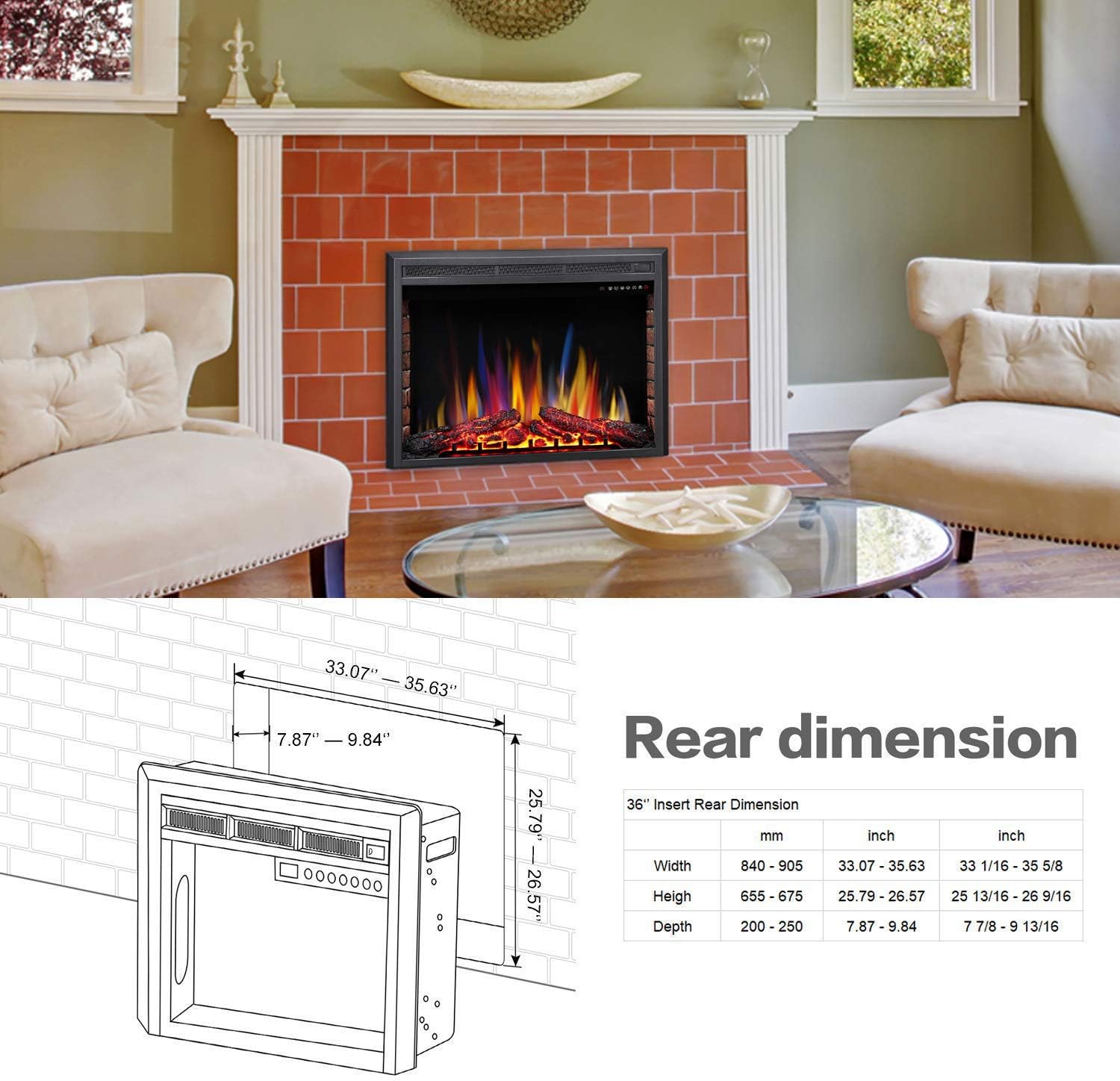 36 Inch Electric Fireplace Insert Adjuatble Flame Colors 936A