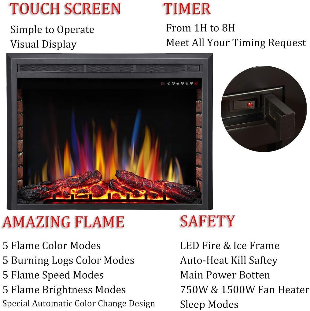 36 Inch Electric Fireplace Insert Adjuatble Flame Colors 936A