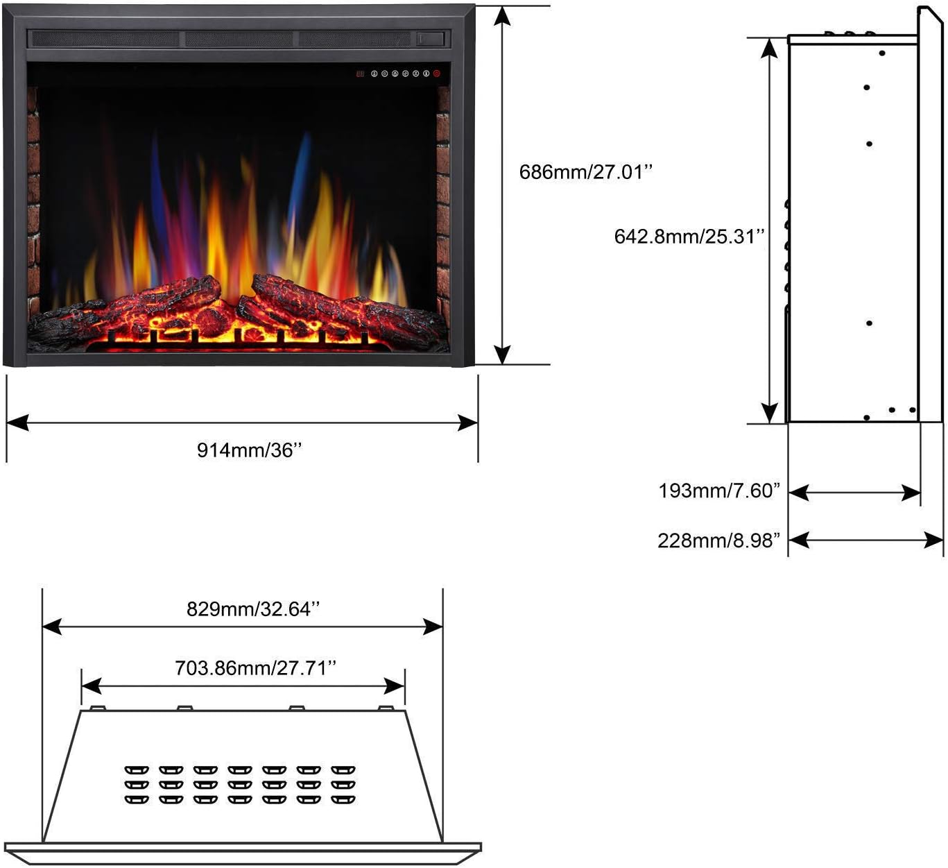 36 Inch Electric Fireplace Insert Adjuatble Flame Colors 936A