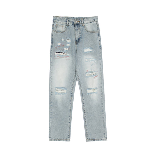 314 Class Straight Leg Ripped Acid Wash Jeans #K580