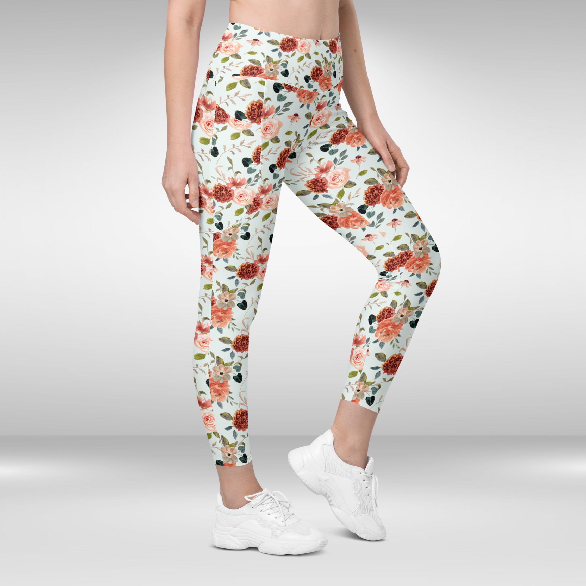 Women Gym Legging With Pockets - Floral Print