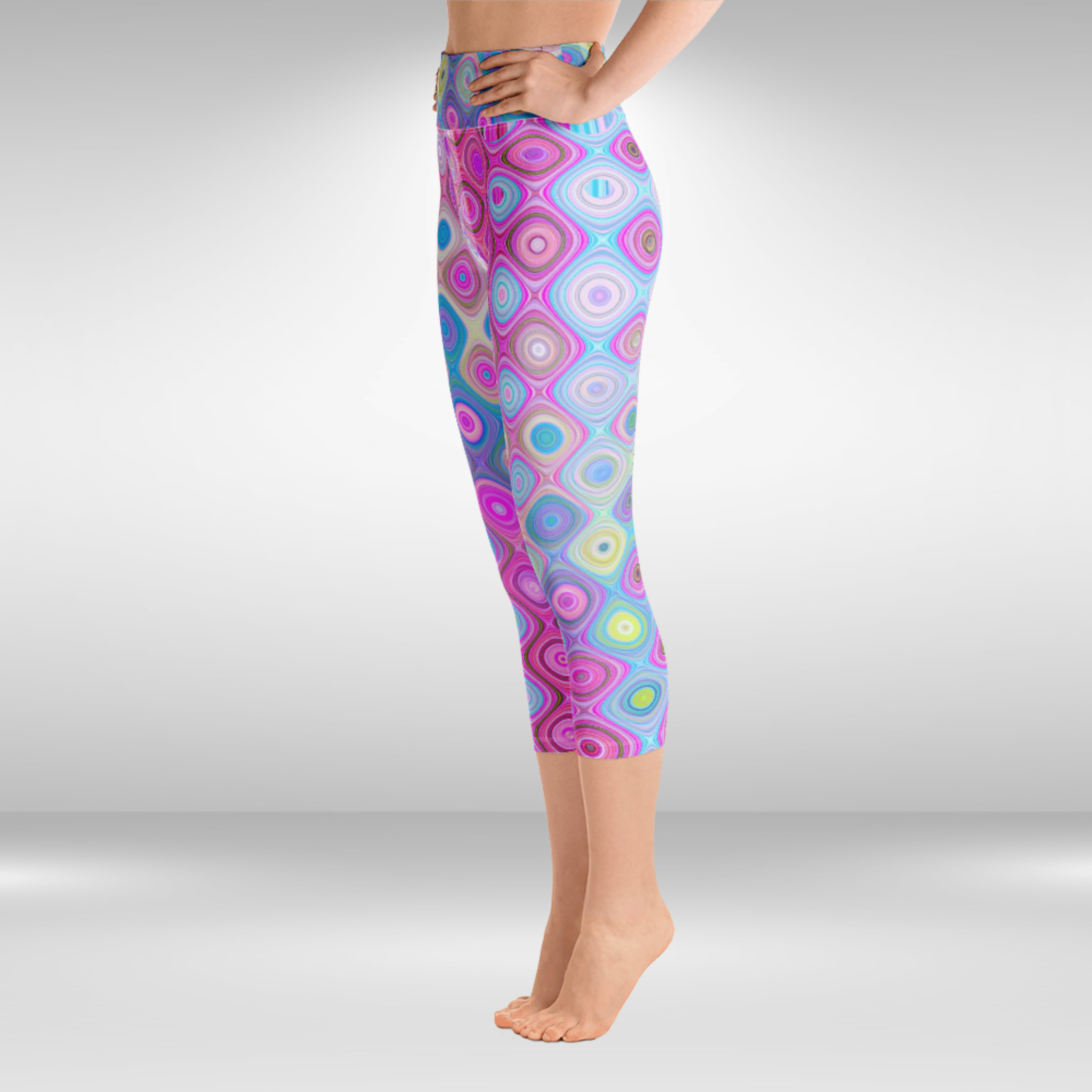 Women Yoga Capri Legging - Pink Abstract Print