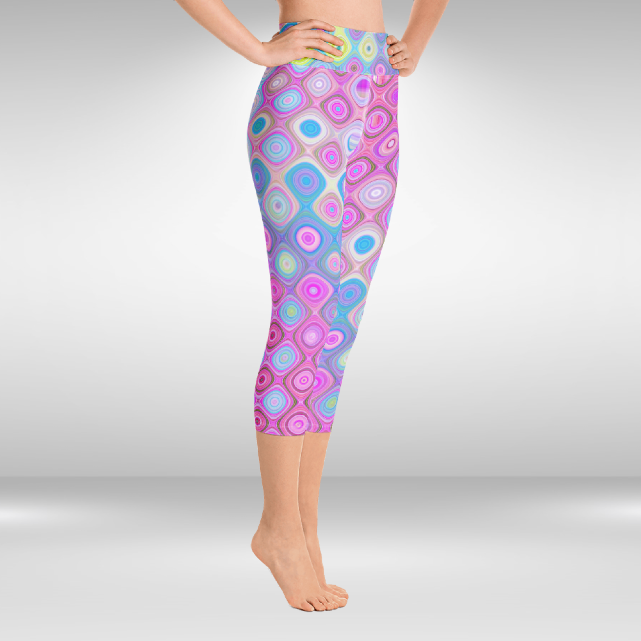 Women Yoga Capri Legging - Pink Abstract Print