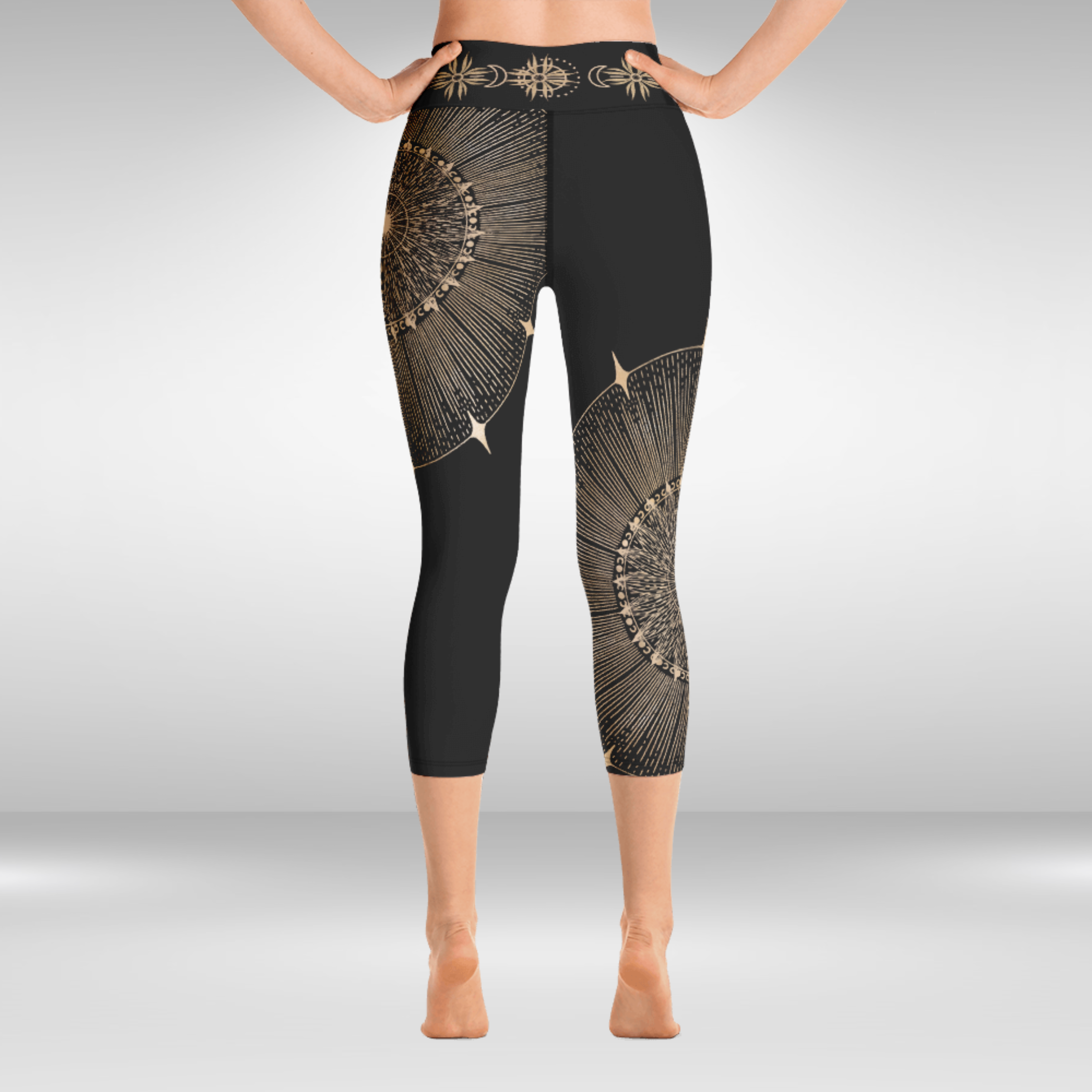 Women Yoga Capri Legging - Gold Sun Mandala Print